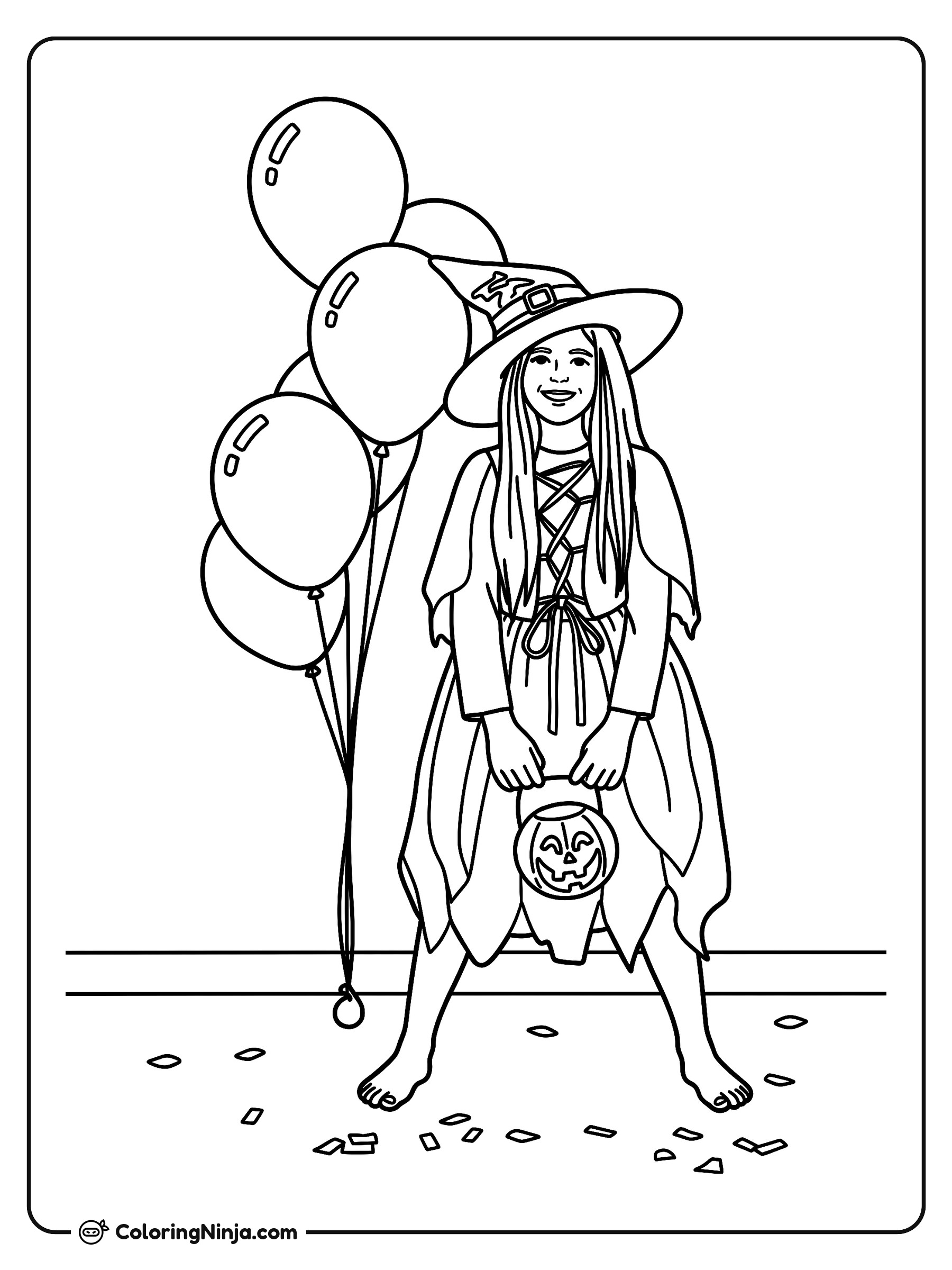 Disfraz de brujita y globos de Halloween: dibujo para colorear