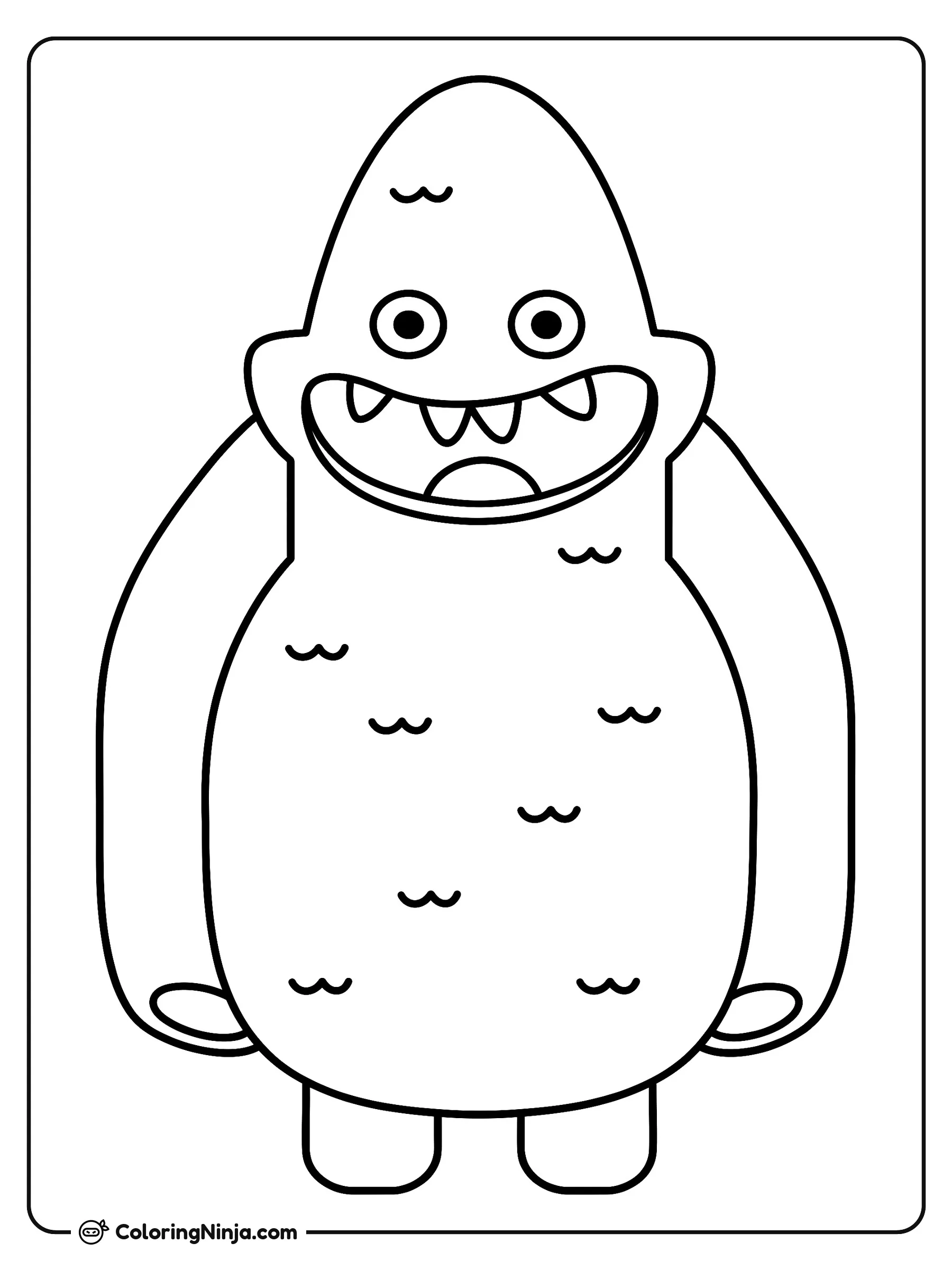Monstruo amigable de pie, dibujo para colorear: Un divertido monstruo amigable posa de pie con ojos redondos y una gran sonrisa que enseña sus pequeños dientes.