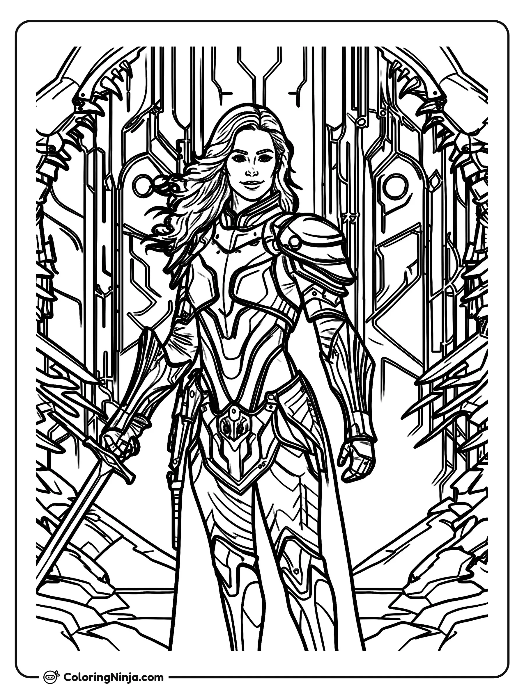 Mujer con armadura en entorno futurista, dibujo para colorear: Una guerrera con una armadura dorada sostiene una espada con seguridad en medio de un escenario futurista lleno de tecnología y estructuras de ciencia ficción.