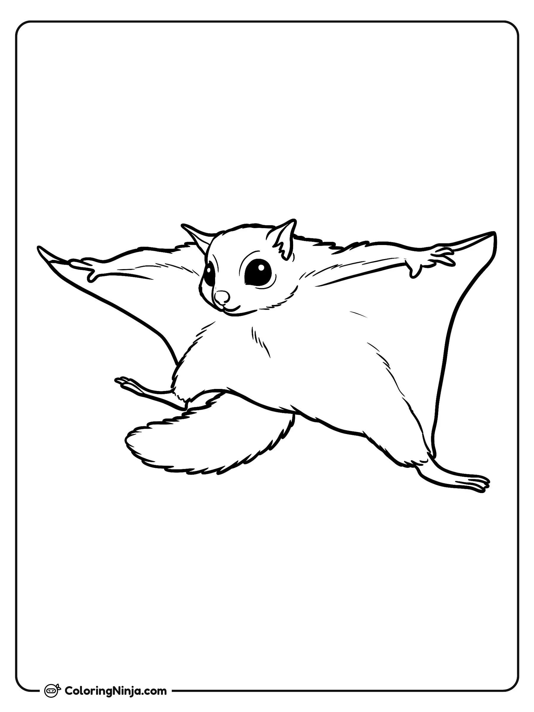 Ardilla voladora planeando en el aire, dibujo para colorear: Una adorable ardilla voladora se desplaza por el aire con sus membranas completamente extendidas. Tiene ojos grandes y brillantes, orejas puntiagudas y una cola esponjosa en pleno vuelo.