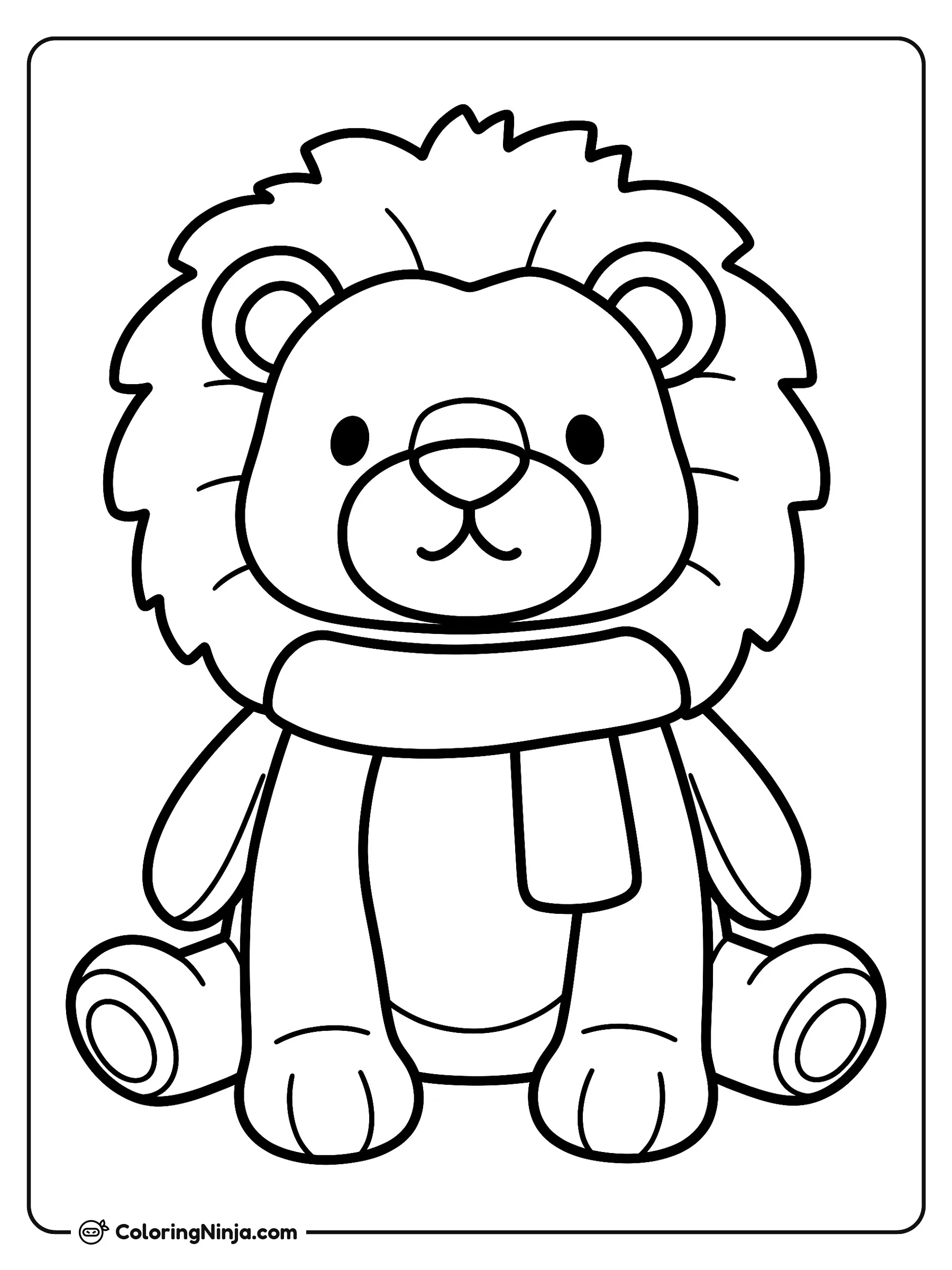 Lindo leoncito con bufanda, dibujo para colorear: Un tierno cachorro de león está sentado cómodamente mientras lleva una acogedora bufanda alrededor del cuello. Su gran melena esponjosa rodea su amigable rostro mientras mira hacia adelante.