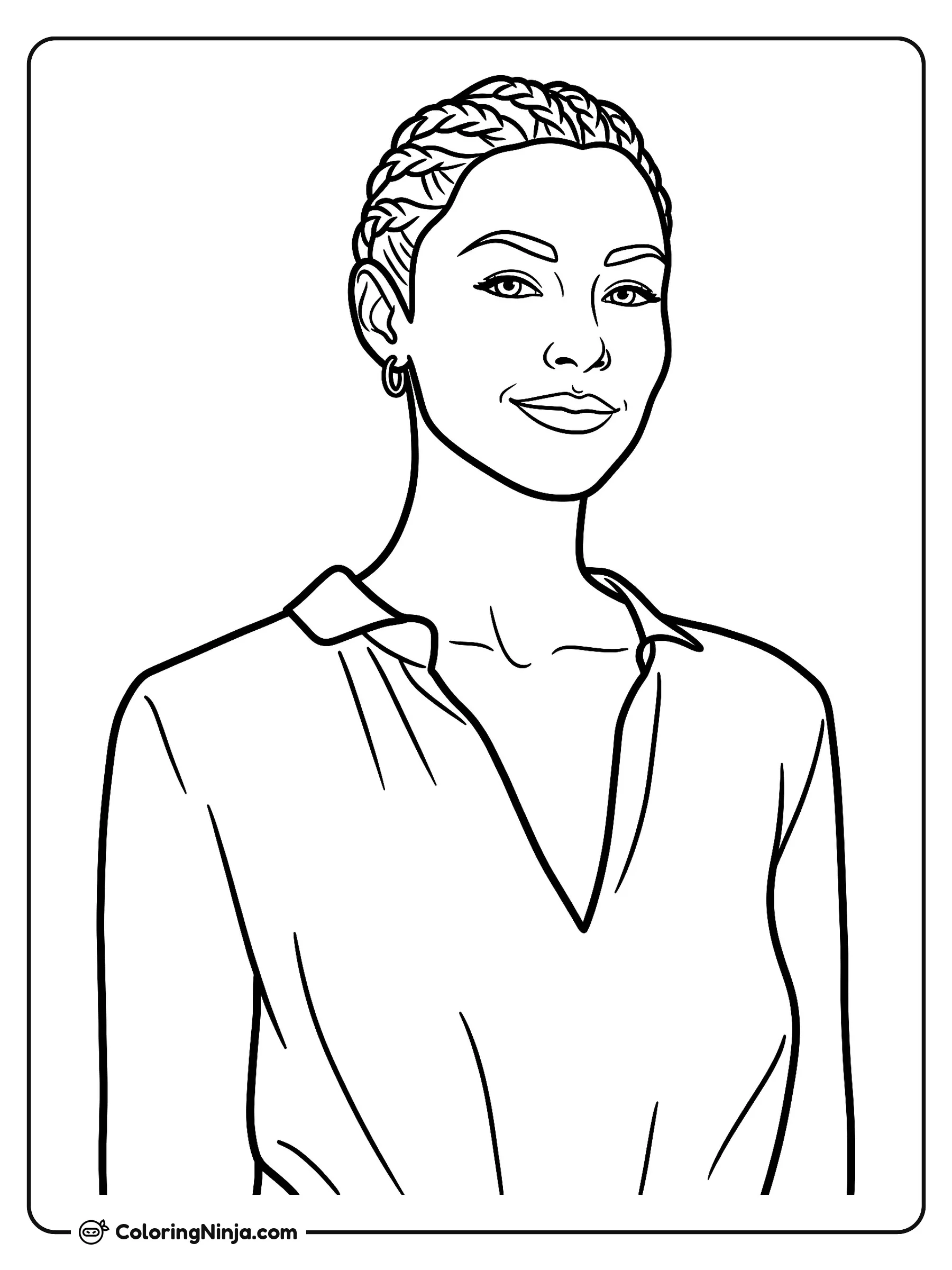Retrato de una mujer sonriente, dibujo para colorear: Una mujer sonriente mira hacia adelante con una expresión amable, vistiendo una camisa con cuello y aretes de arracada. Su cabello está peinado con detalladas trenzas recogidas hacia atrás.
