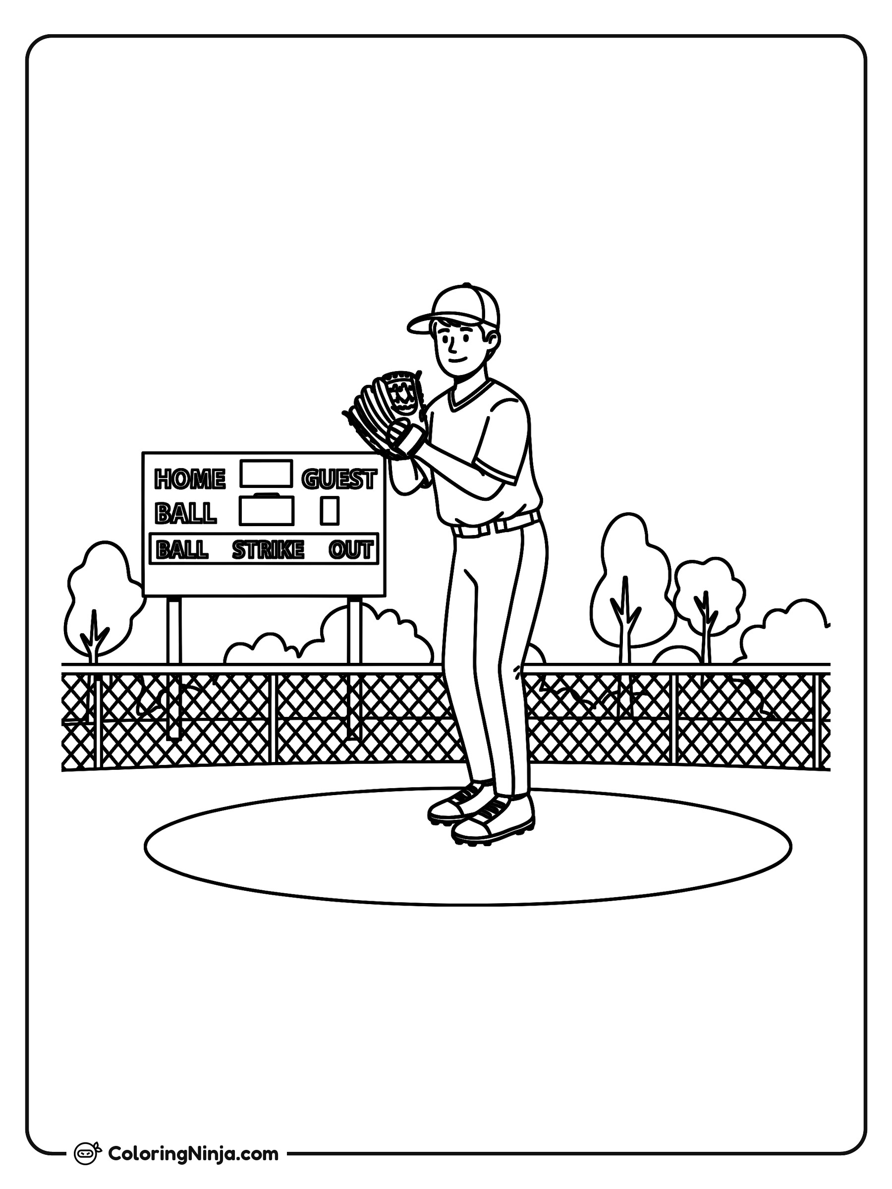 Young Pitcher on the Mound Coloring Page