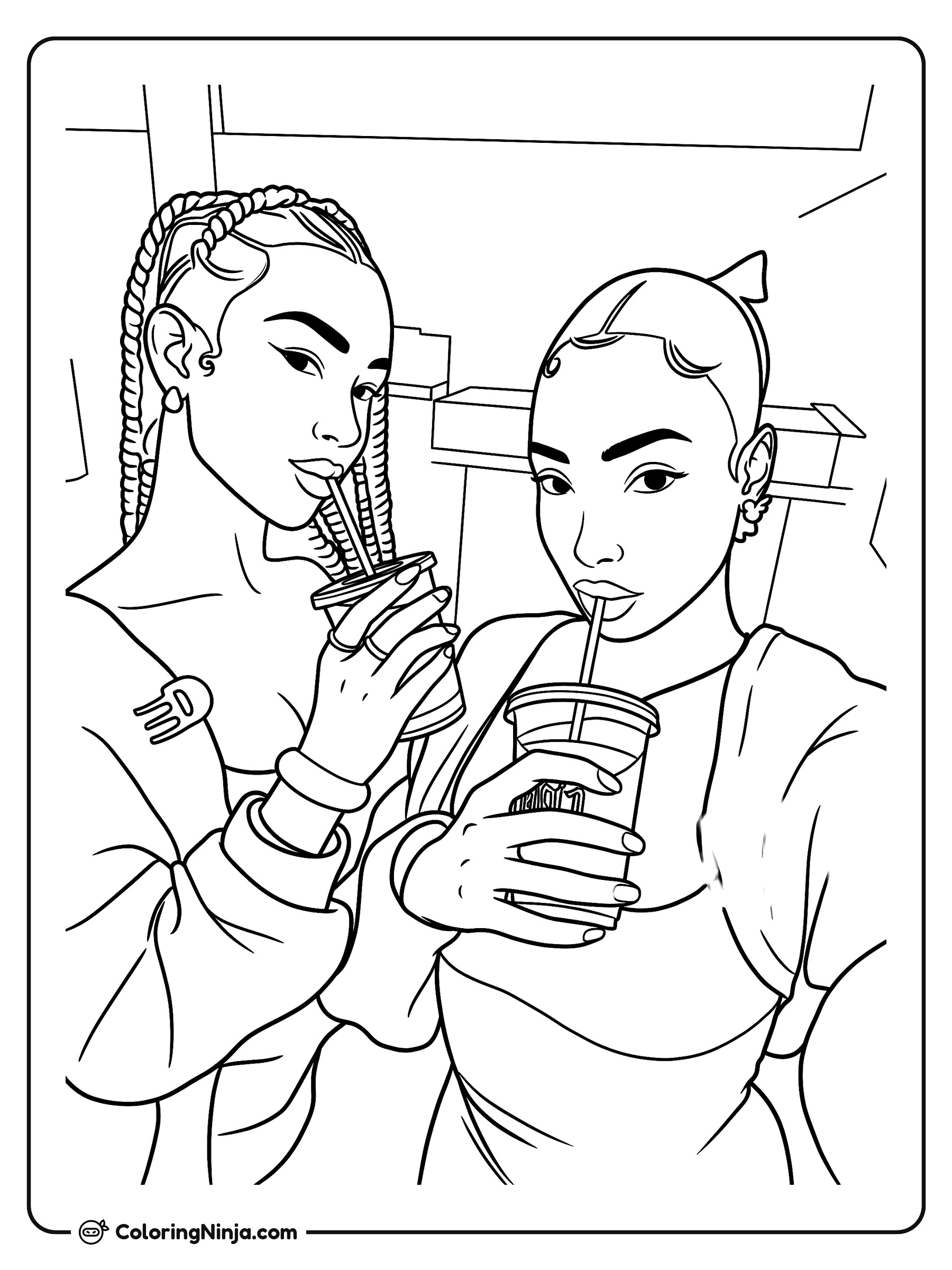 Dos jóvenes tomando café helado: dibujo para colorear
