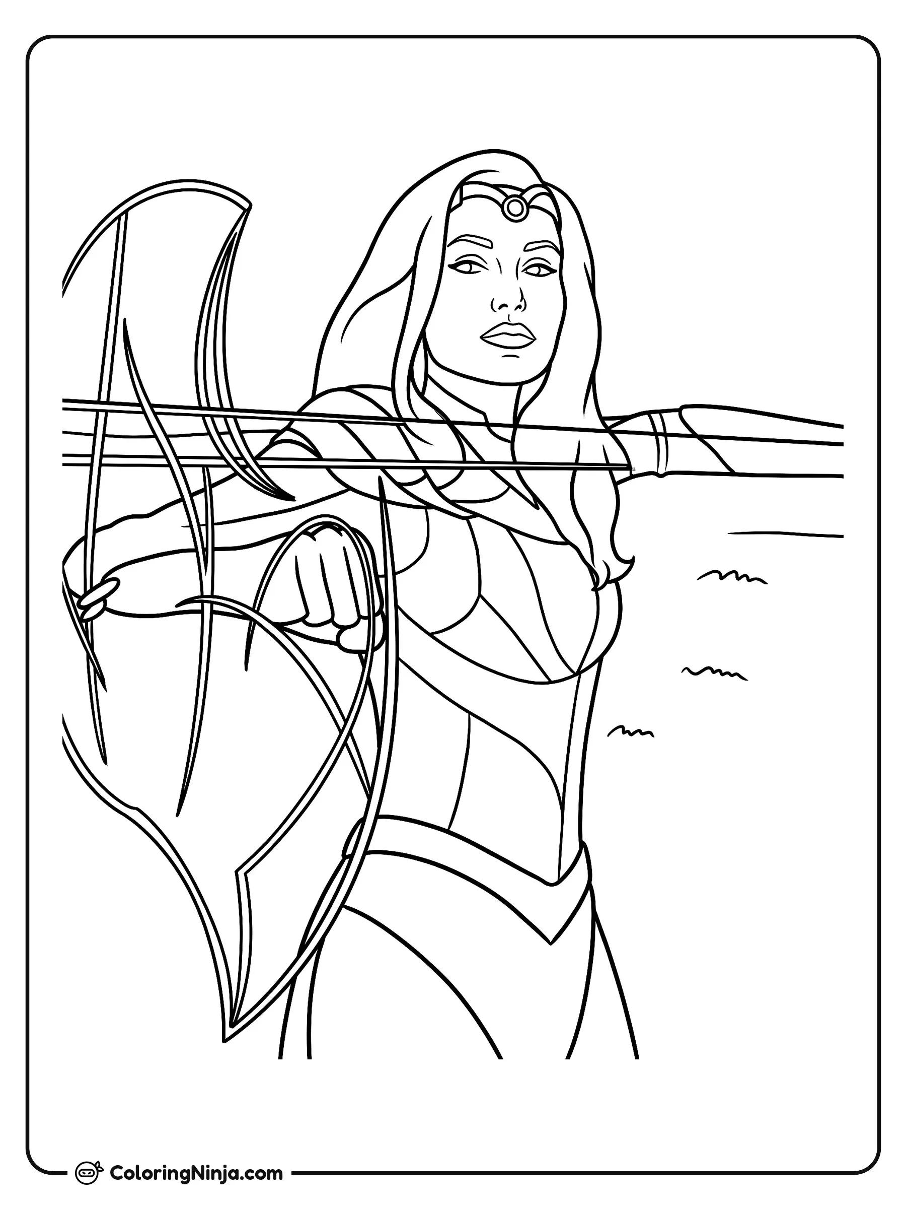 Mujer con arco y flecha dorados, dibujo para colorear: Una mujer lista para la acción sostiene un gran arco y apunta con una mirada decidida. Lleva una tiara, armadura detallada y el cabello suelto.