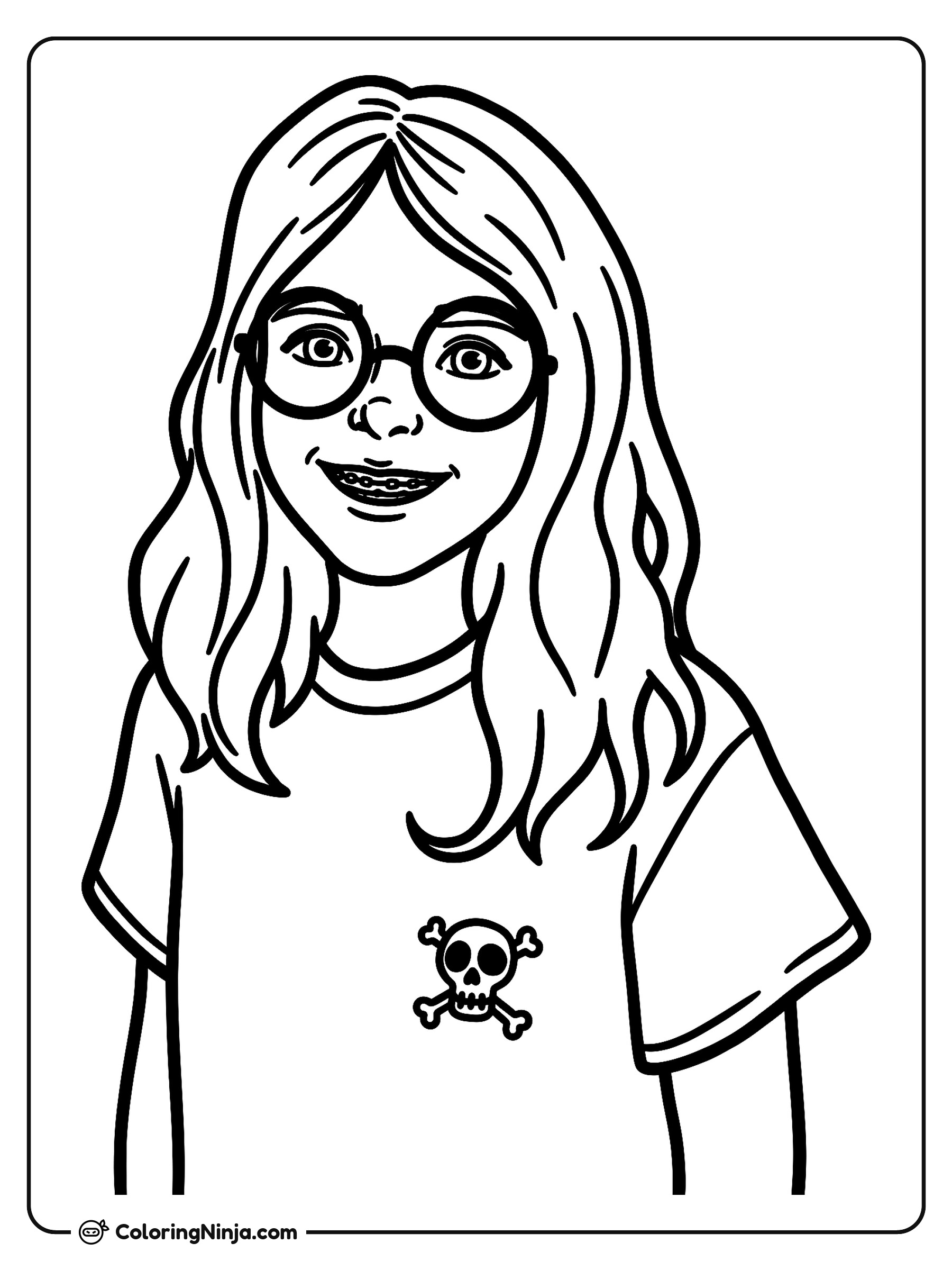 Niña sonriente con lentes y brackets: dibujo para colorear