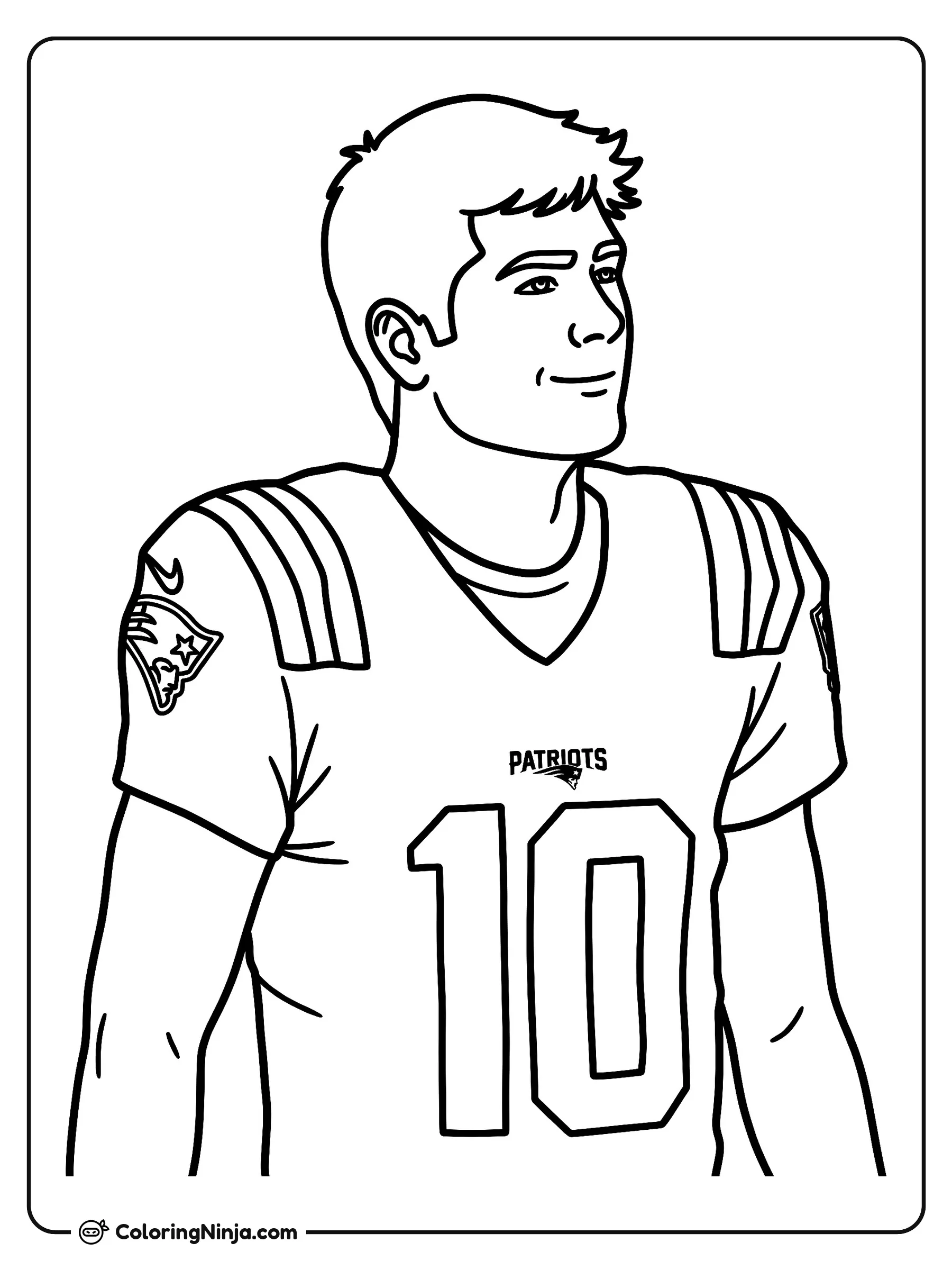 Retrato del torso de Drake Maye, dibujo para colorear: Drake Maye posa con confianza luciendo su jersey de fútbol americano con el número 10 en el frente.