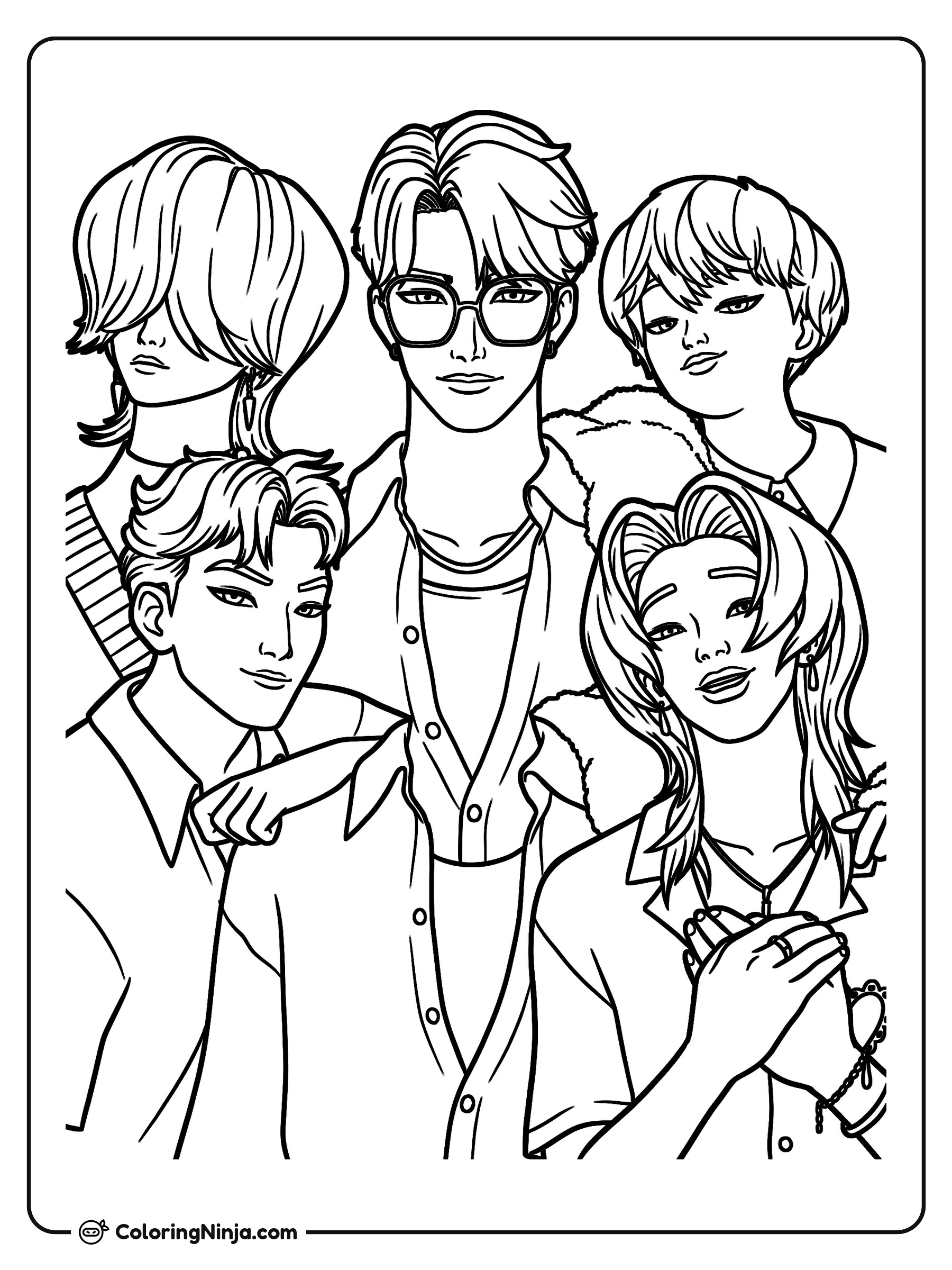 Retrato en grupo de Saja Boys: dibujo para colorear