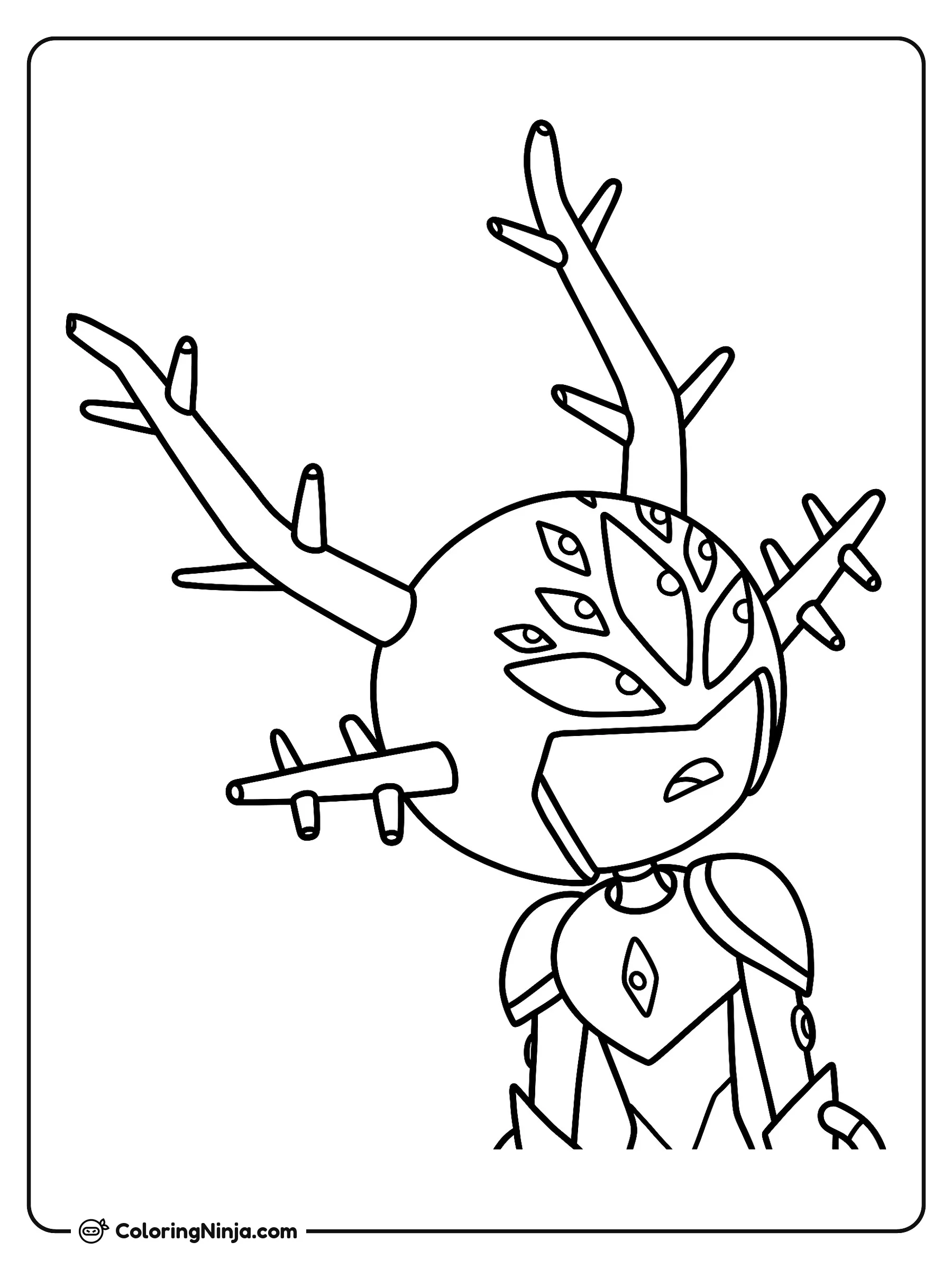 Figura con armadura y casco de múltiples ojos, dibujo para colorear: Una misteriosa figura con armadura lleva un gran casco decorado con varios ojos y cornamentas ramificadas que salen de su cabeza.