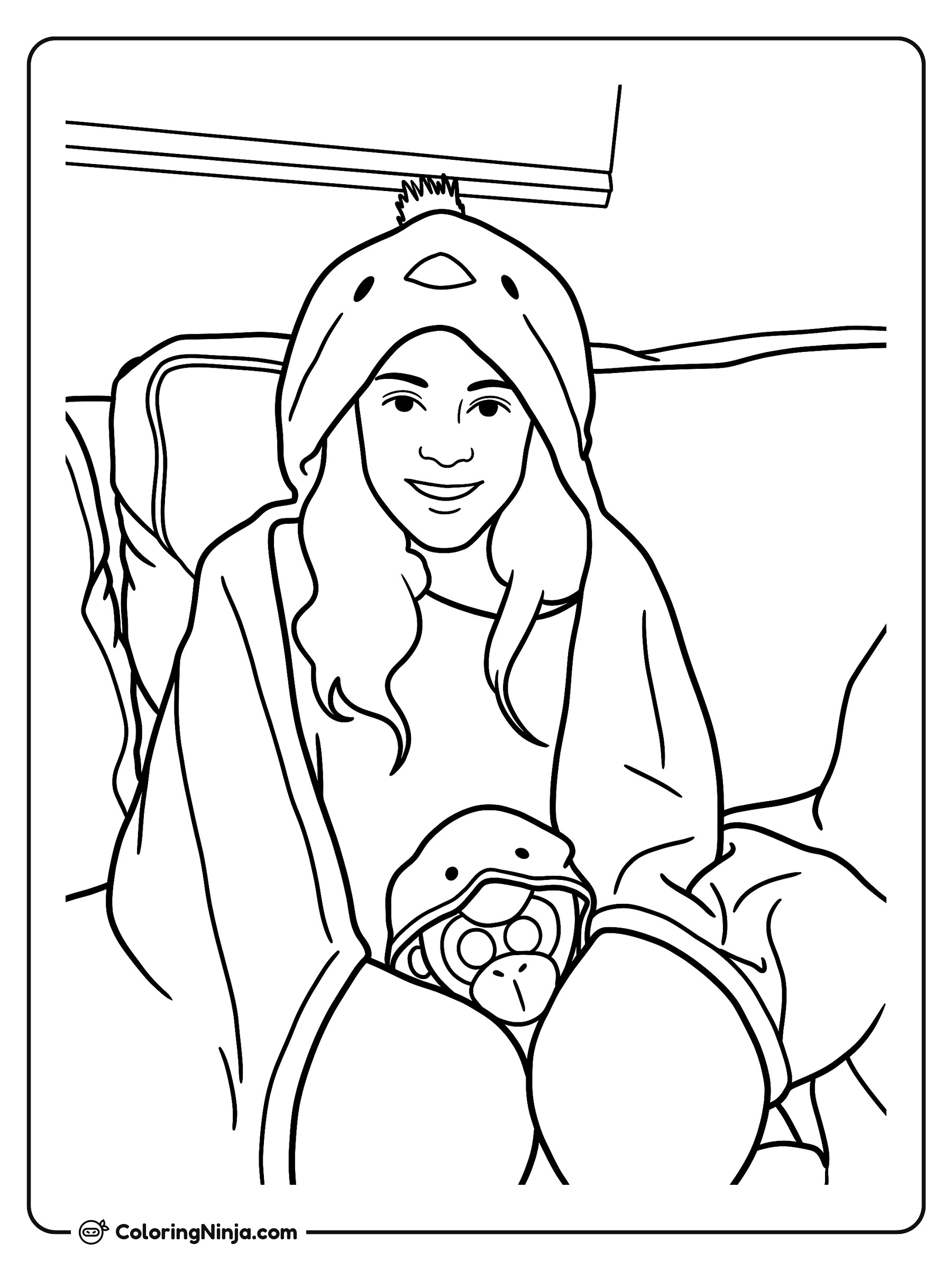 Niña con cobija con capucha de animal: dibujo para colorear