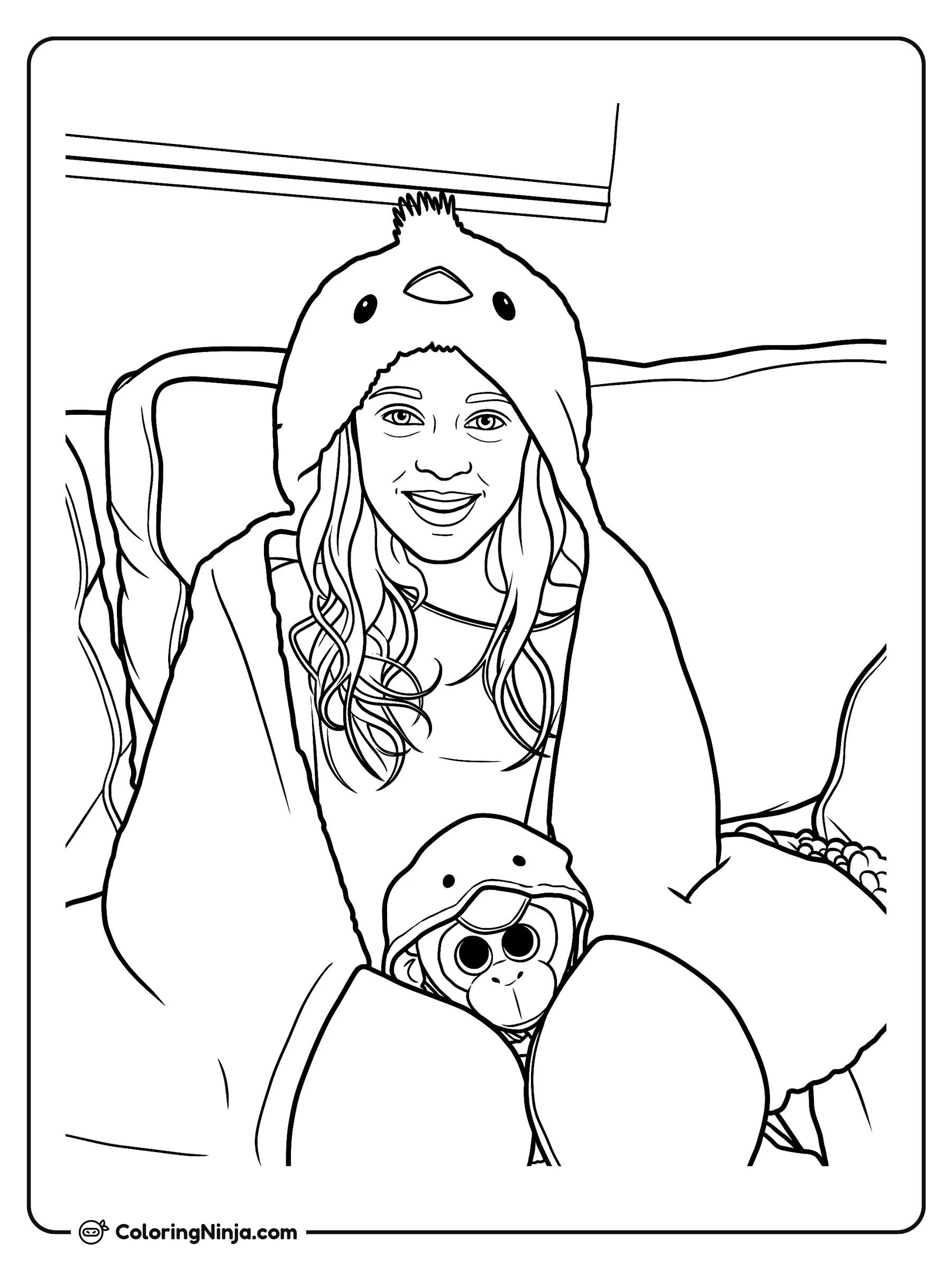 Niña sonriente con manta de animal, dibujo para colorear: Una niña sonriente descansa muy cómoda en el sofá envuelta en una suave manta con capucha de ave. En sus manos sostiene un pequeño mono de peluche que también lleva una capucha puesta.
