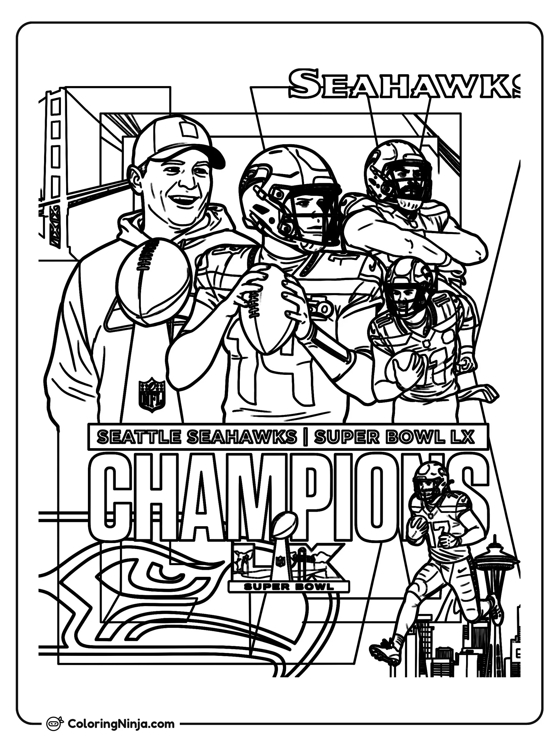 Jugadores de fútbol americano con su entrenador, dibujo para colorear: Un sonriente entrenador posa junto a varios jugadores de fútbol americano equipados con cascos y balones.