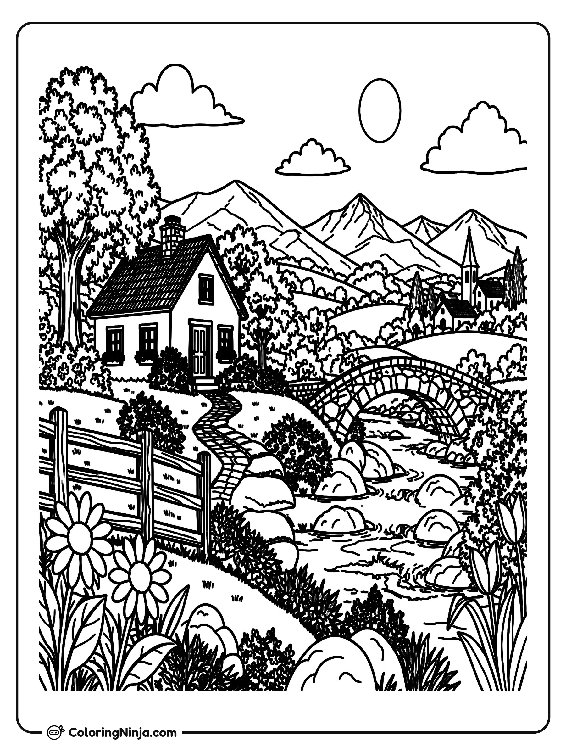 Cabaña pintoresca con puente de piedra: dibujo para colorear