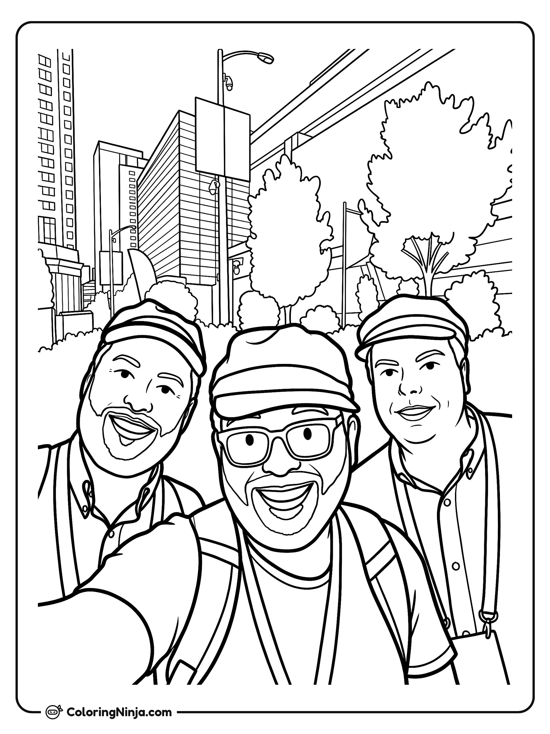 Tres hombres tomándose una selfie al aire libre: dibujo para colorear