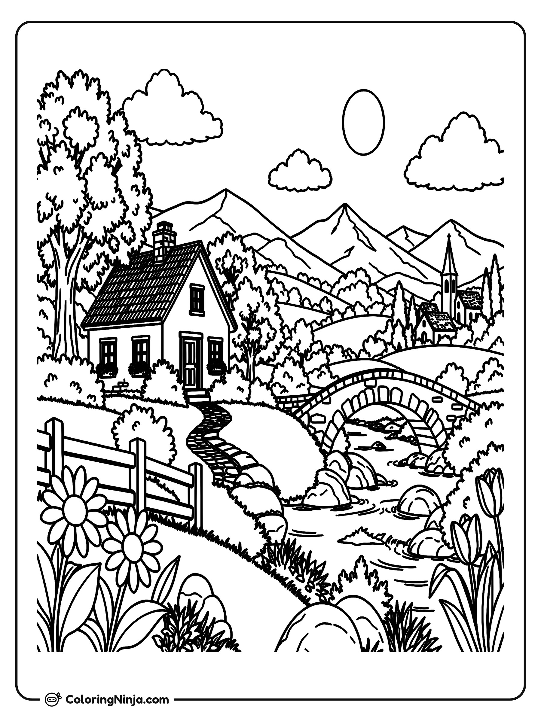 Casa pintoresca junto a un puente de piedra: dibujo para colorear