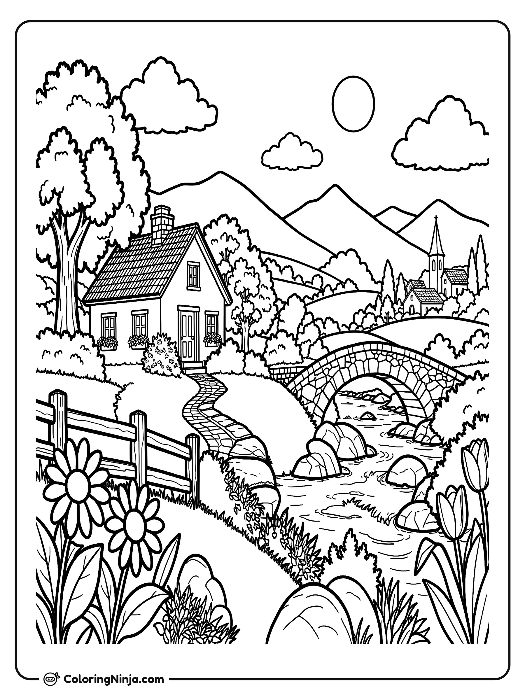 Casa de campo tranquila con puente de piedra: dibujo para colorear