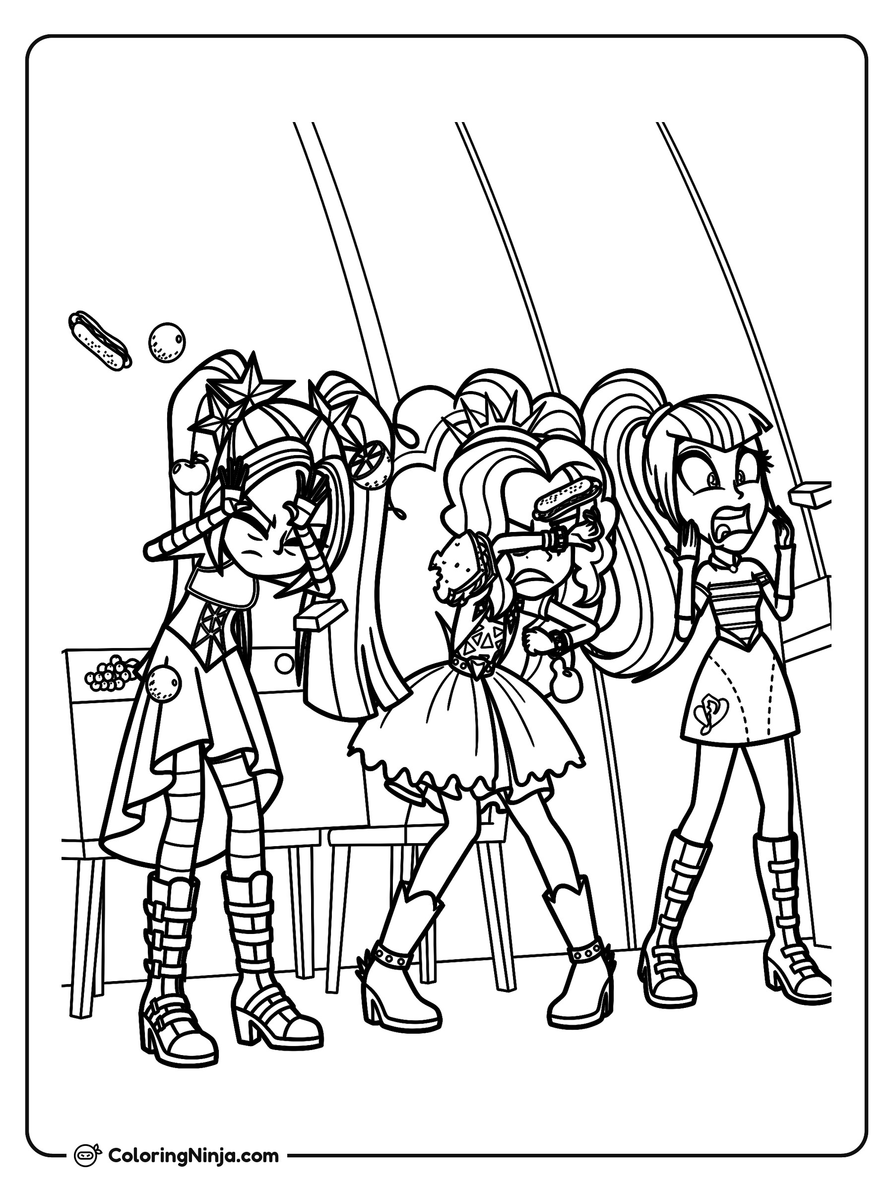 Tres chicas en una pelea de comida: dibujo para colorear