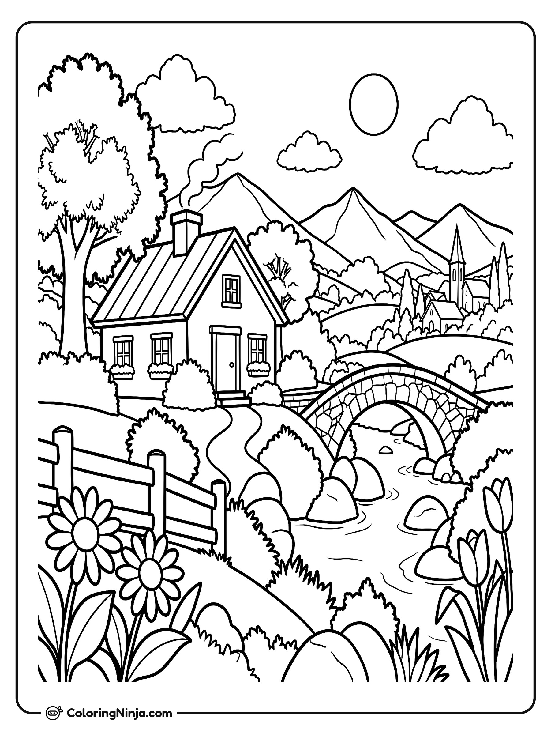 Cabaña acogedora junto al puente del río: dibujo para colorear
