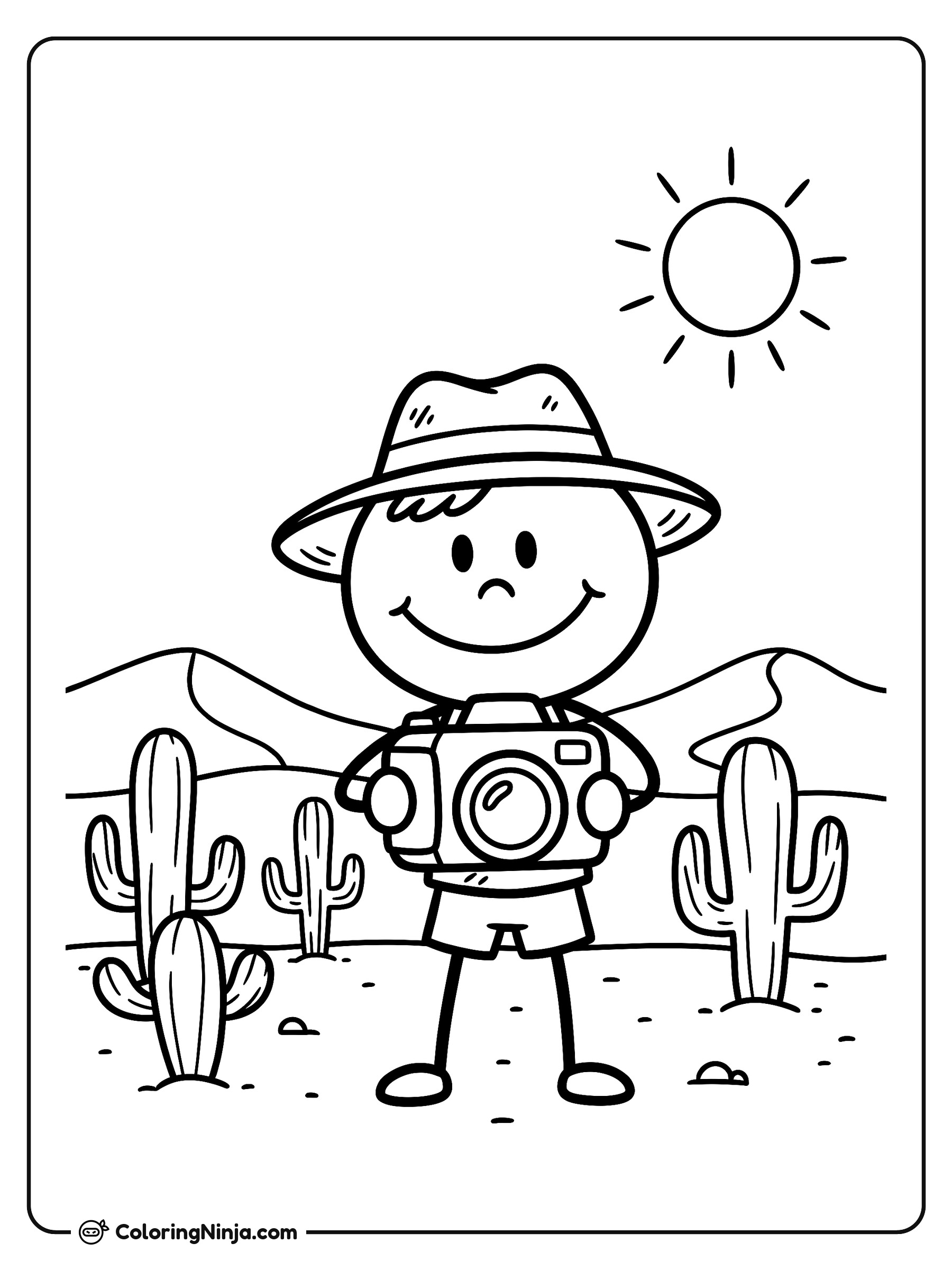 Un fotógrafo en el desierto: dibujo para colorear
