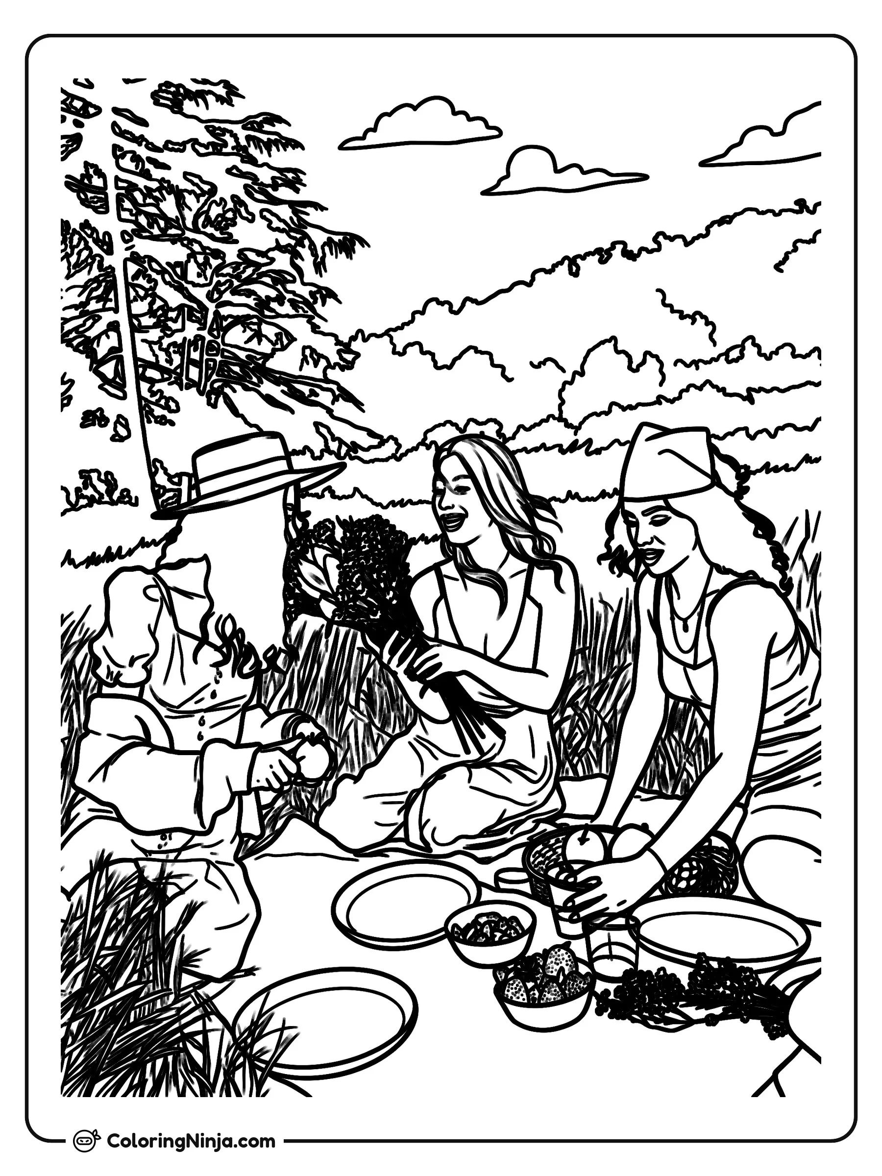 Pícnic de Amigas en el Prado, dibujo para colorear: Un grupo de amigas disfruta de un día de pícnic al aire libre rodeadas de naturaleza, compartiendo frutas frescas, bocadillos y bebidas sobre una manta.