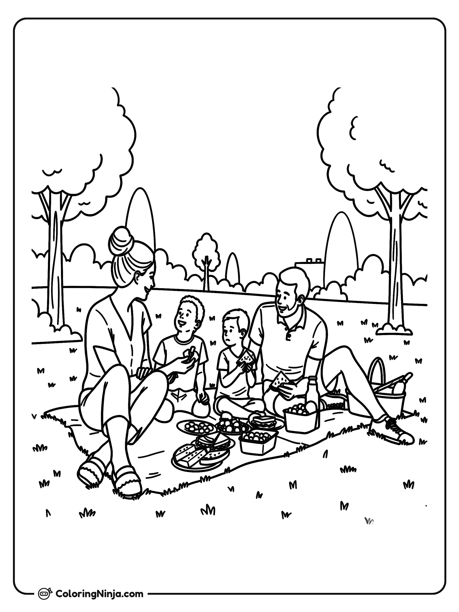Familia disfrutando un picnic al aire libre, dibujo para colorear: Una familia comparte un agradable día de campo sentada sobre una manta rodeada de árboles y césped.