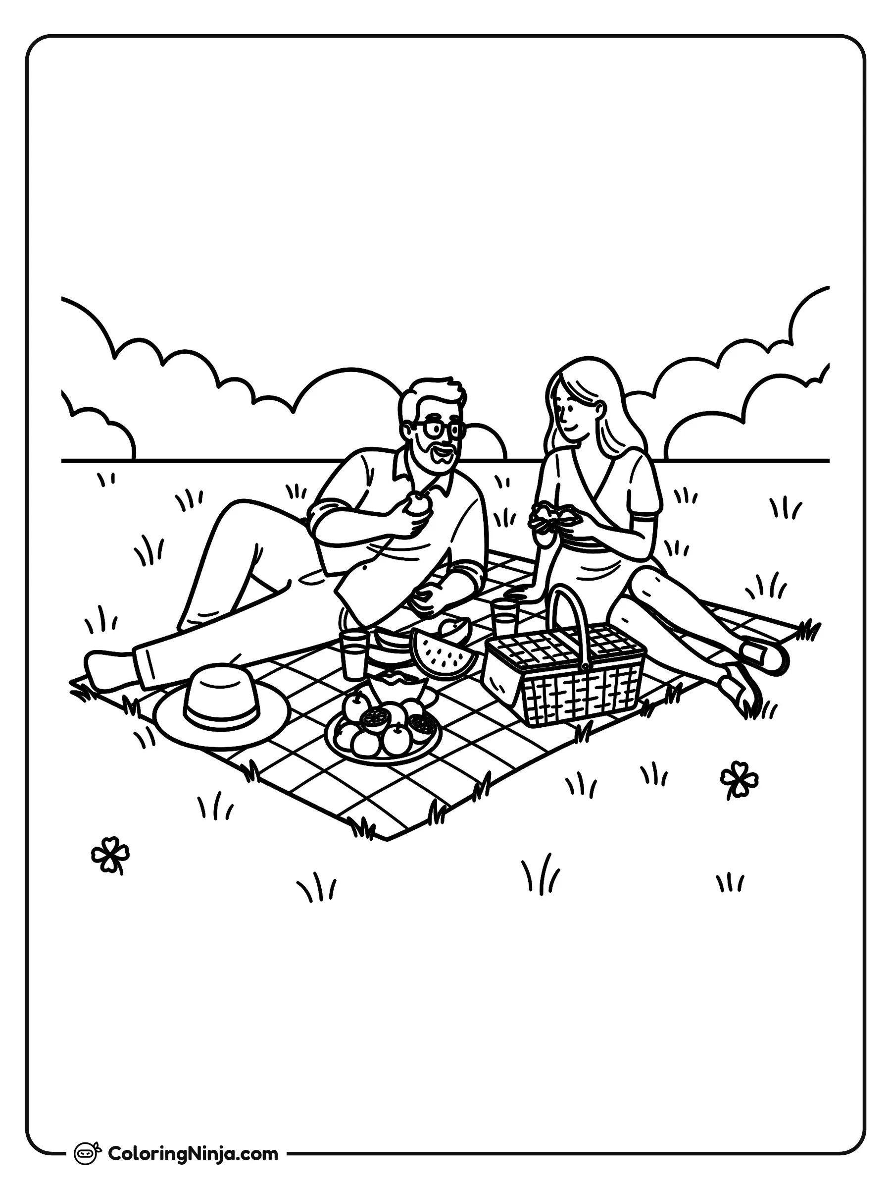 Día de picnic en pareja, dibujo para colorear: Una pareja disfruta de una agradable comida al aire libre sobre una manta de picnic en el césped.