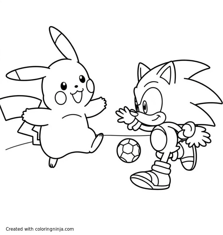 A coloring page of Pikachu playing soccer against Sonic the Hedgehog