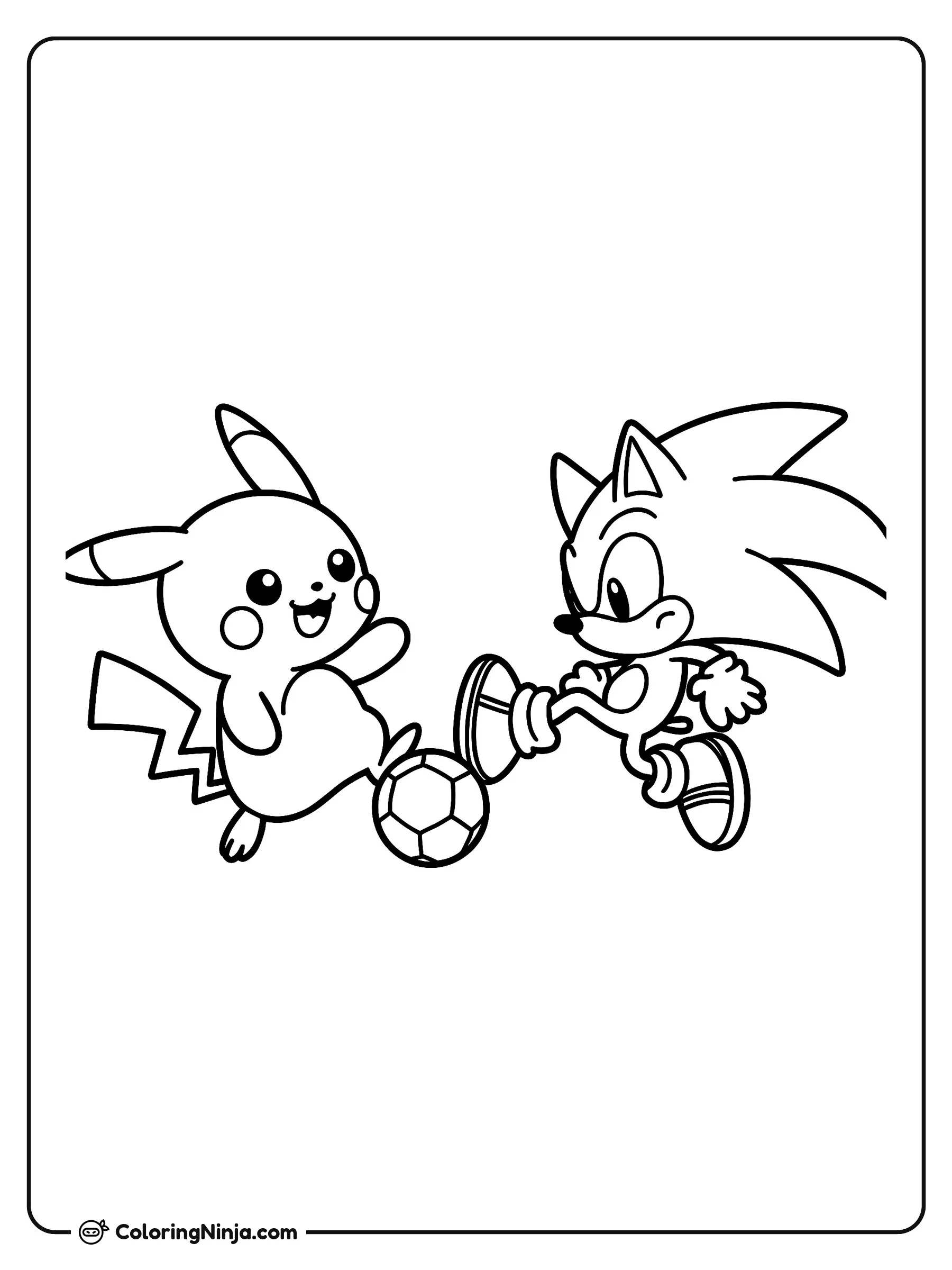 Pikachu y Sonic jugando al fútbol, dibujo para colorear: Pikachu y Sonic the Hedgehog se enfrentan en un emocionante partido de fútbol mientras ambos intentan patear el balón.