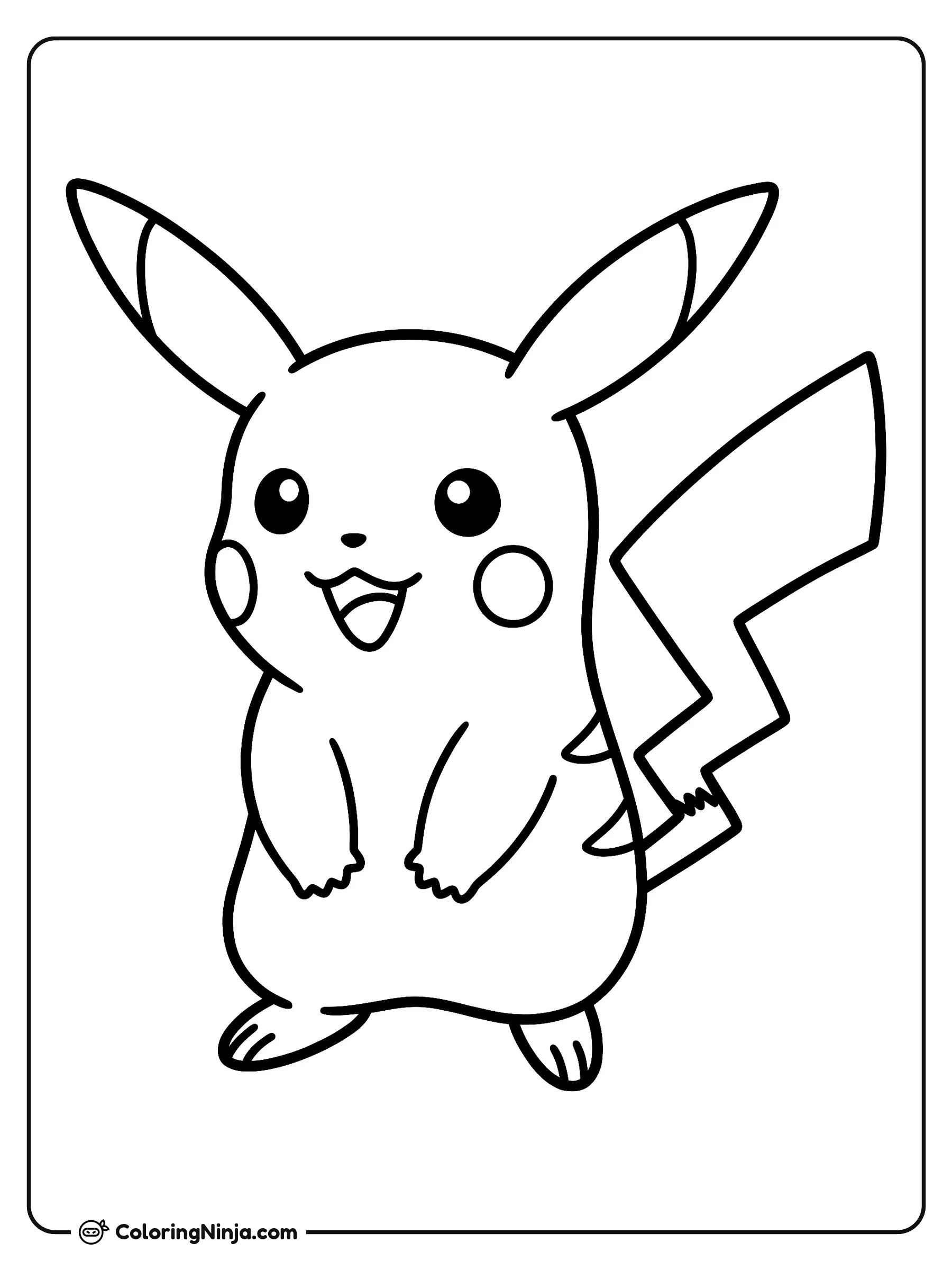 Pikachu sonriendo y de pie, dibujo para colorear: Pikachu se mantiene firme sobre sus patas traseras con una gran sonrisa y ojos brillantes. Sus orejas puntiagudas están levantadas y su cola en forma de rayo destaca a un lado.