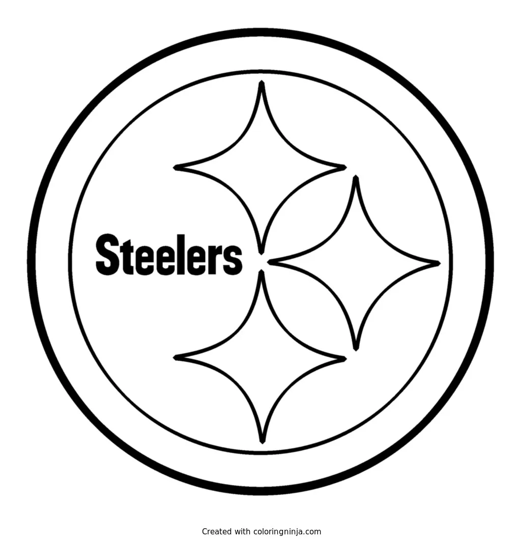 Logo de los Pittsburgh Steelers, dibujo para colorear: Esta imagen presenta el escudo circular del equipo con su nombre en letras destacadas y tres figuras de diamantes hipocicloides de cuatro puntas.