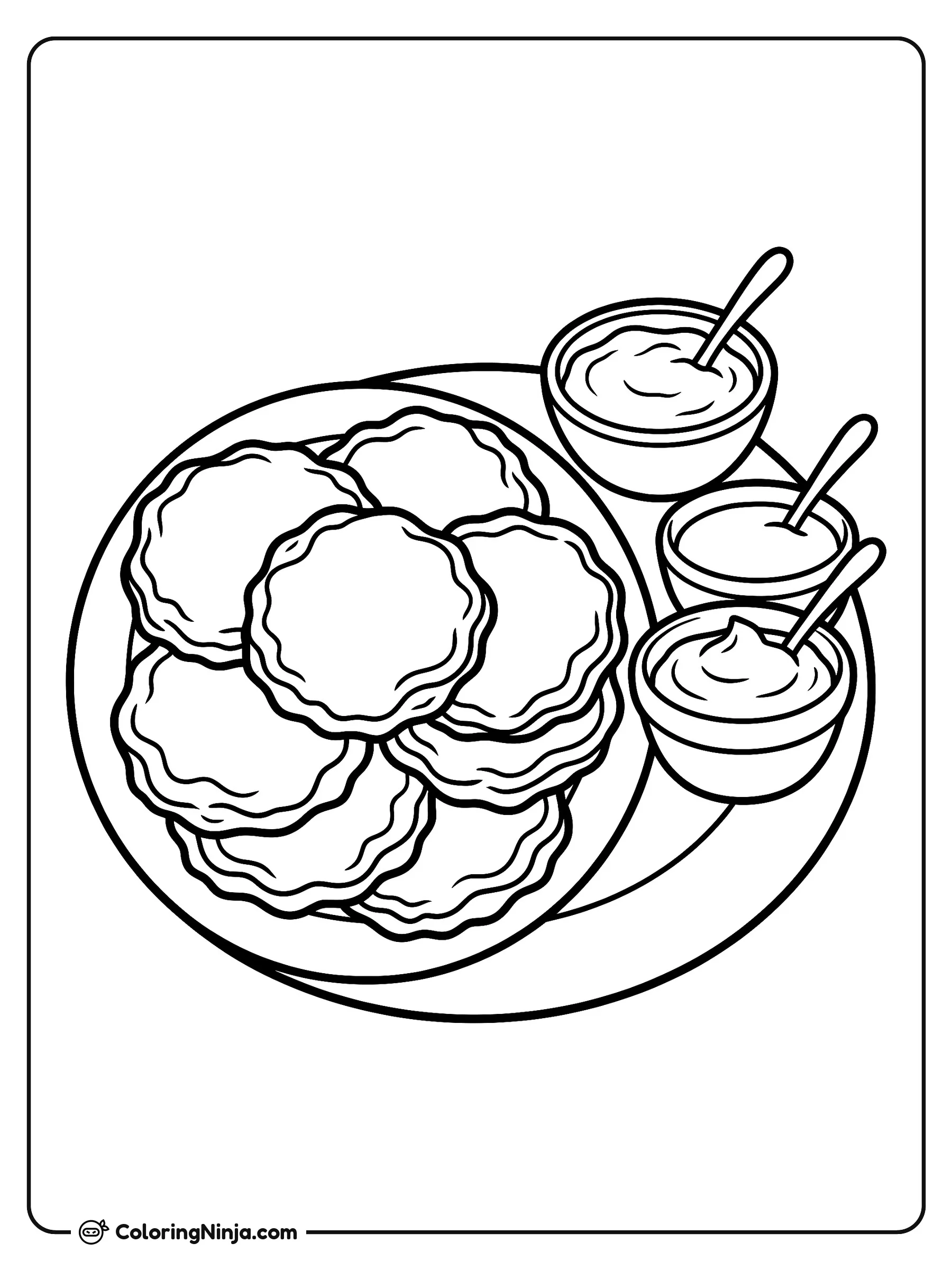 Plate of Fresh Potato Latkes Coloring Page: A large round platter holds several golden potato latkes with textured edges. Next to the platter sit two small ceramic bowls, one containing applesauce and the other sour cream.