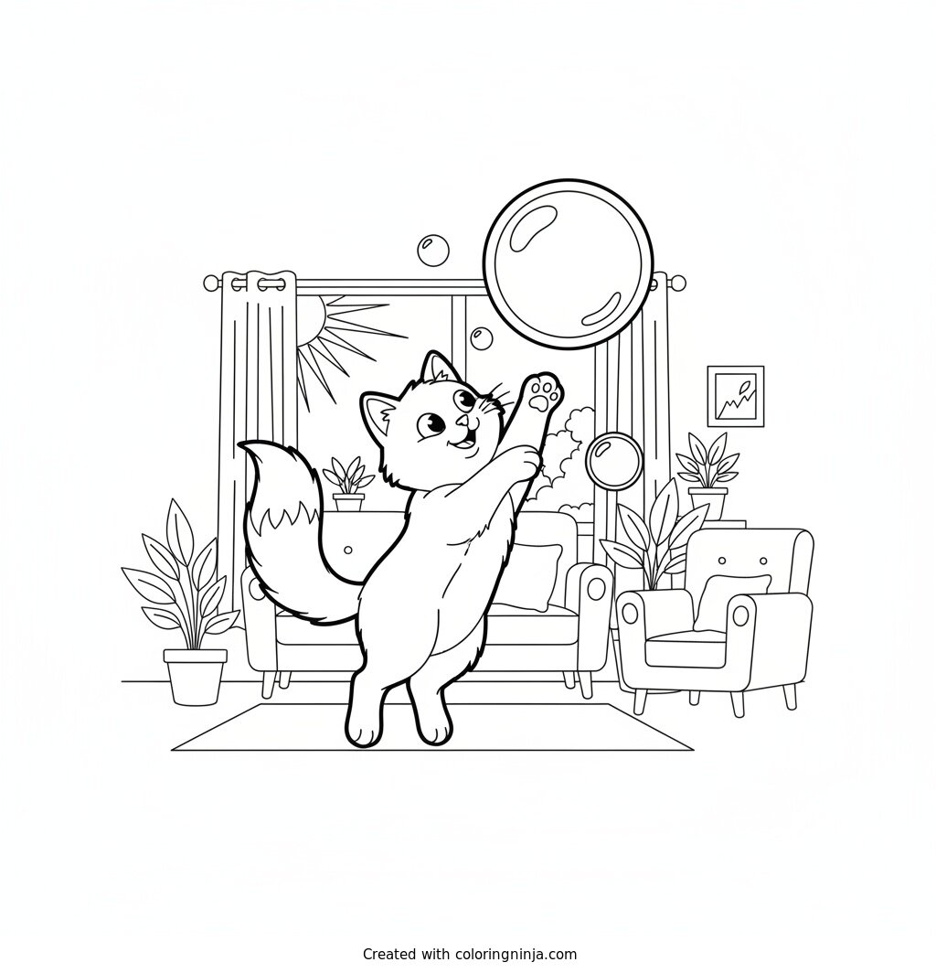 Playful Cat Chasing Bubbles Coloring Page