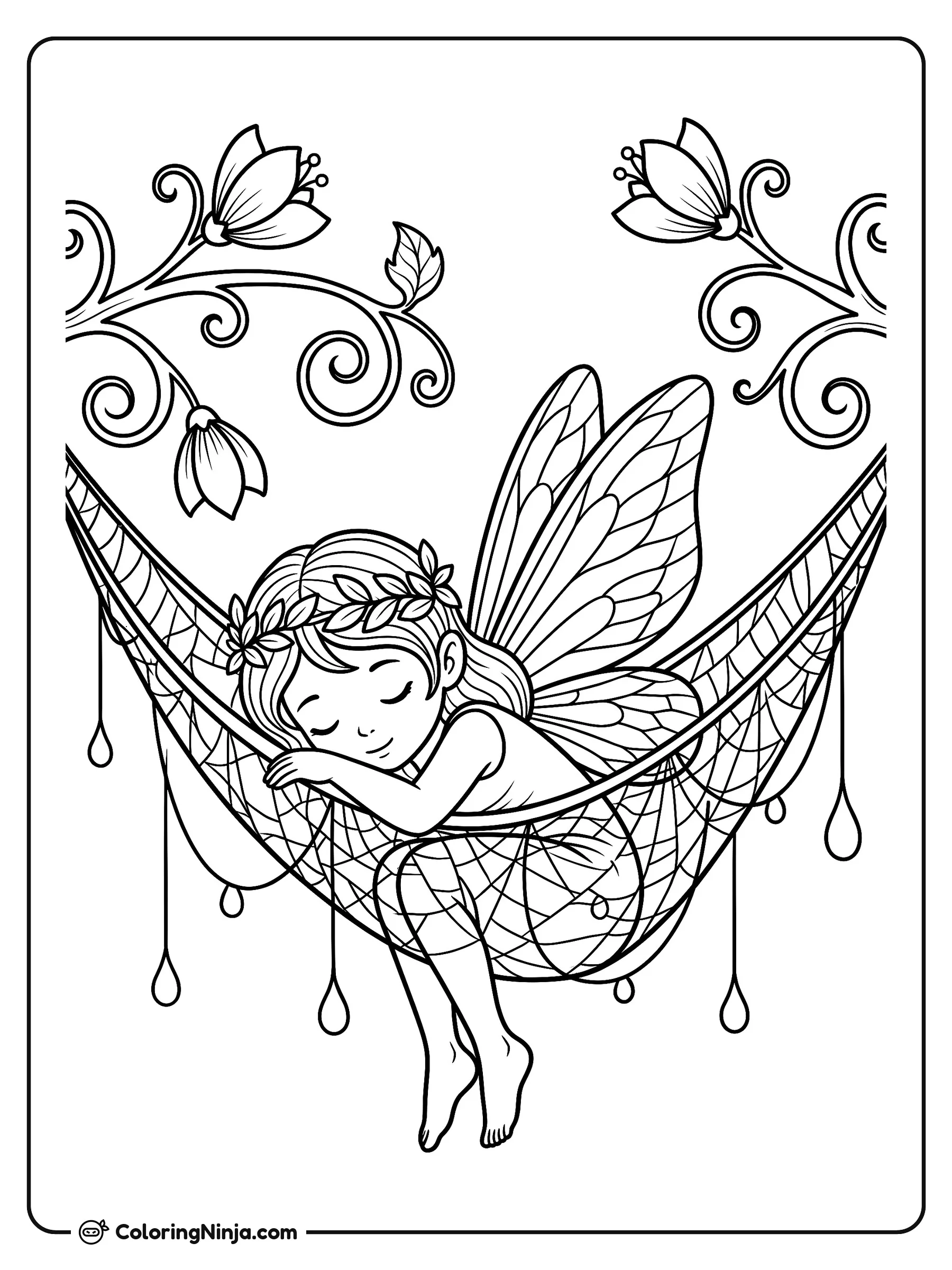 Hada durmiendo en una hamaca, dibujo para colorear: Una pequeña hada con alas descansa plácidamente en una red decorada con gotas colgantes. Arriba de ella, ramas con flores y espirales enmarcan esta encantadora escena fantástica.