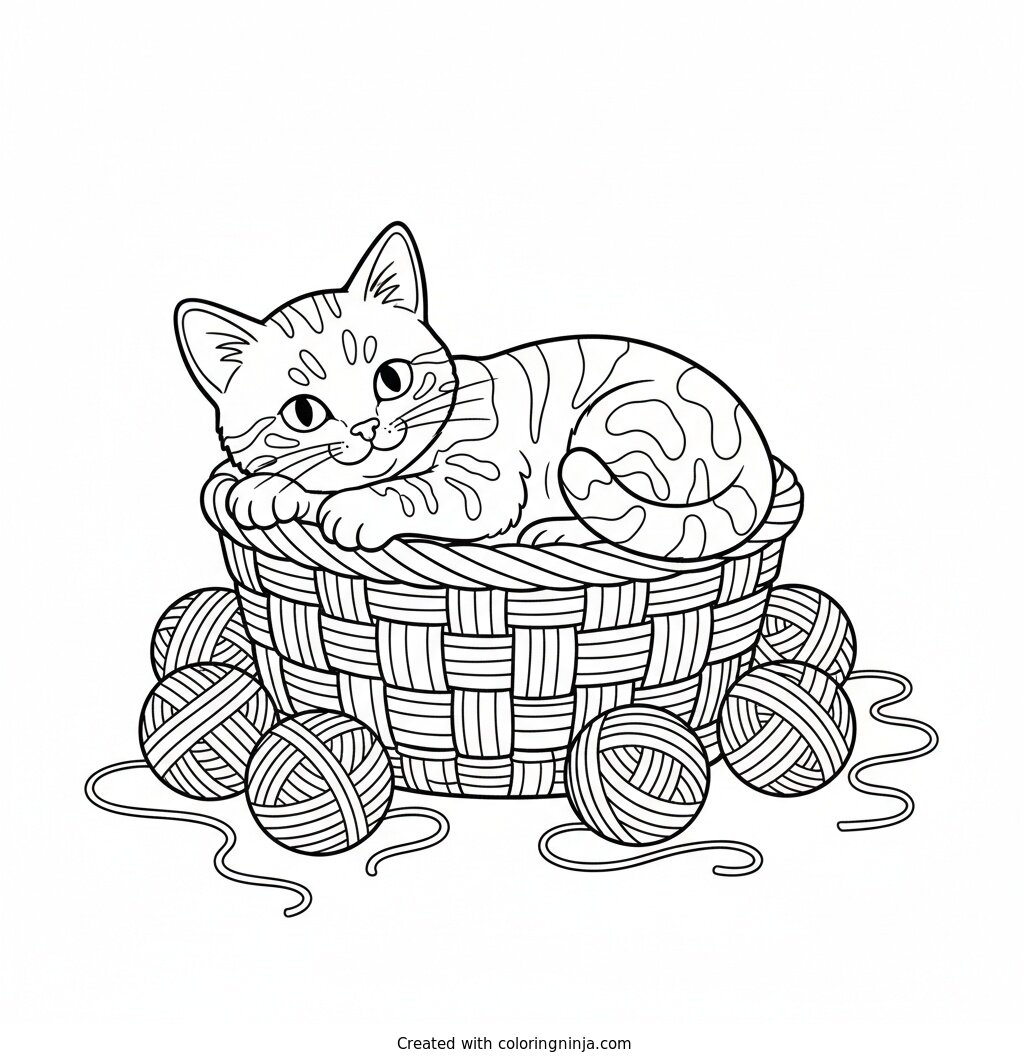 Cosy Kitten in a Basket Coloring Page