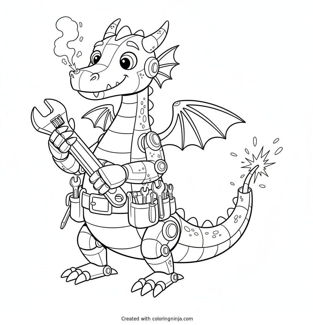 Handy Robot Dragon Fixing Tail Coloring Page