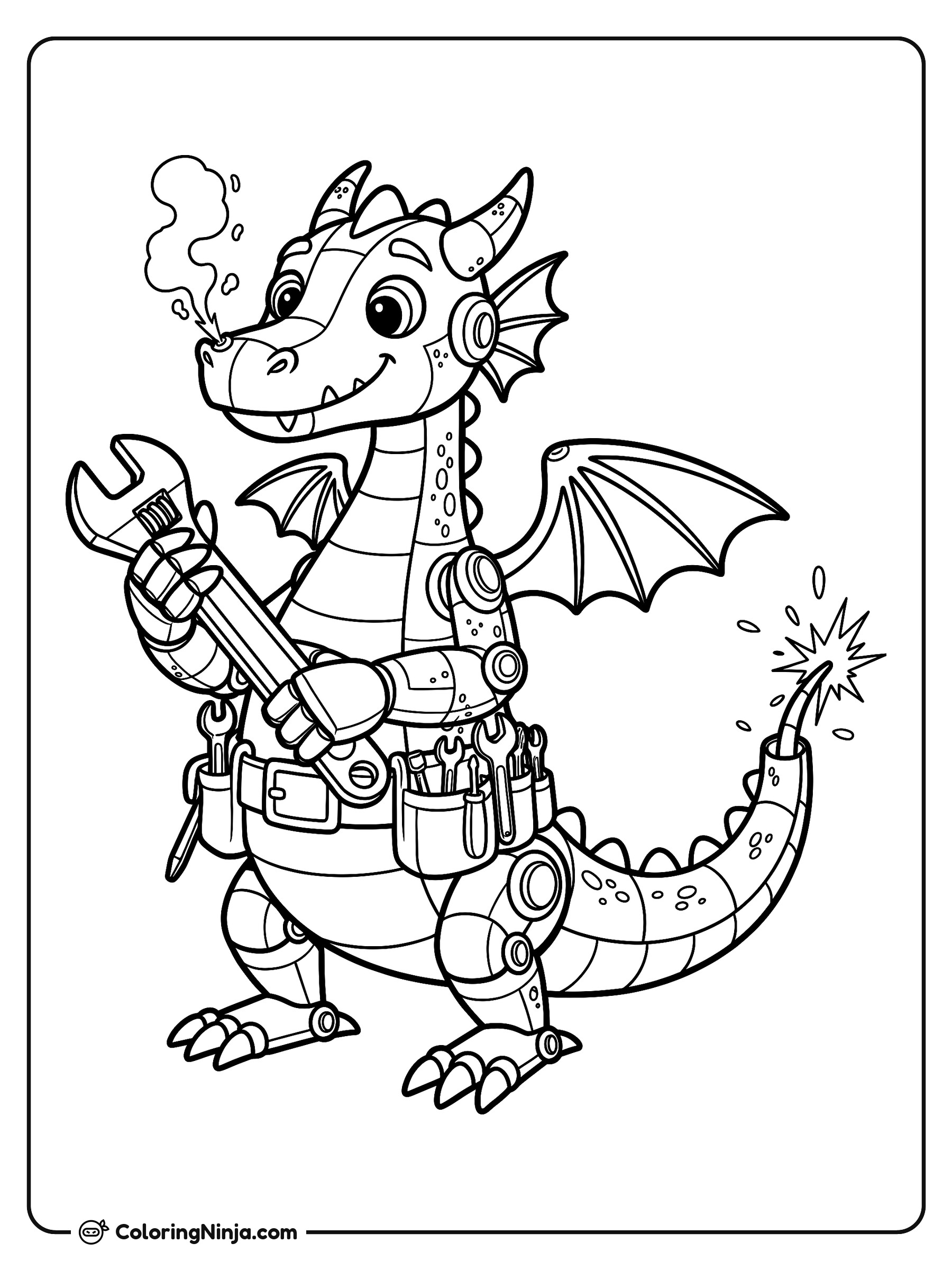 Dragón robot reparando su cola: dibujo para colorear