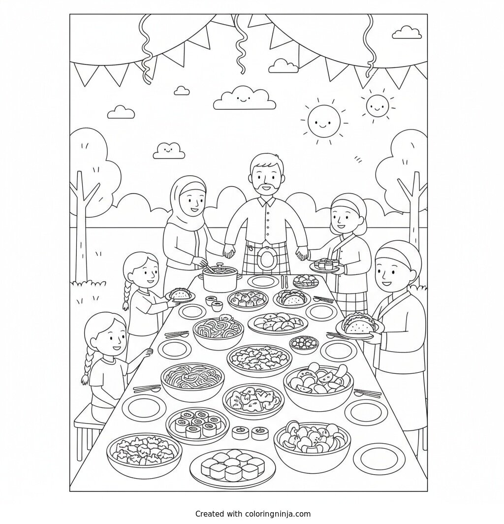 A coloring page of please create a 10 page coloring book for my multicultural, family centered event.