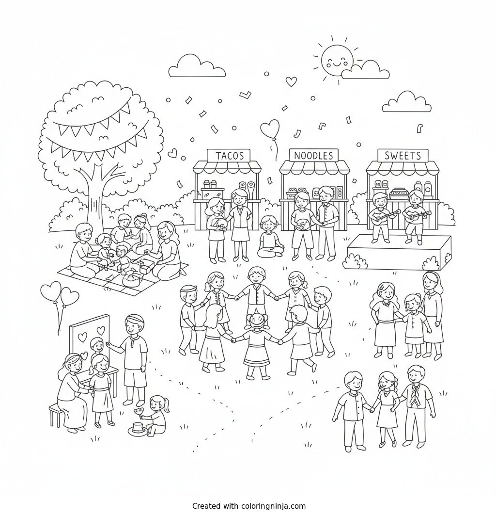 A coloring page of please create a 10 page coloring book for my multicultural, family centered event.