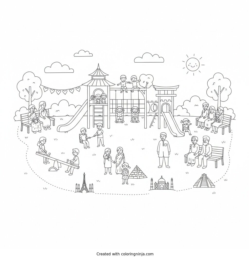 A coloring page of please create a 10 page coloring book for my multicultural, family centered event.