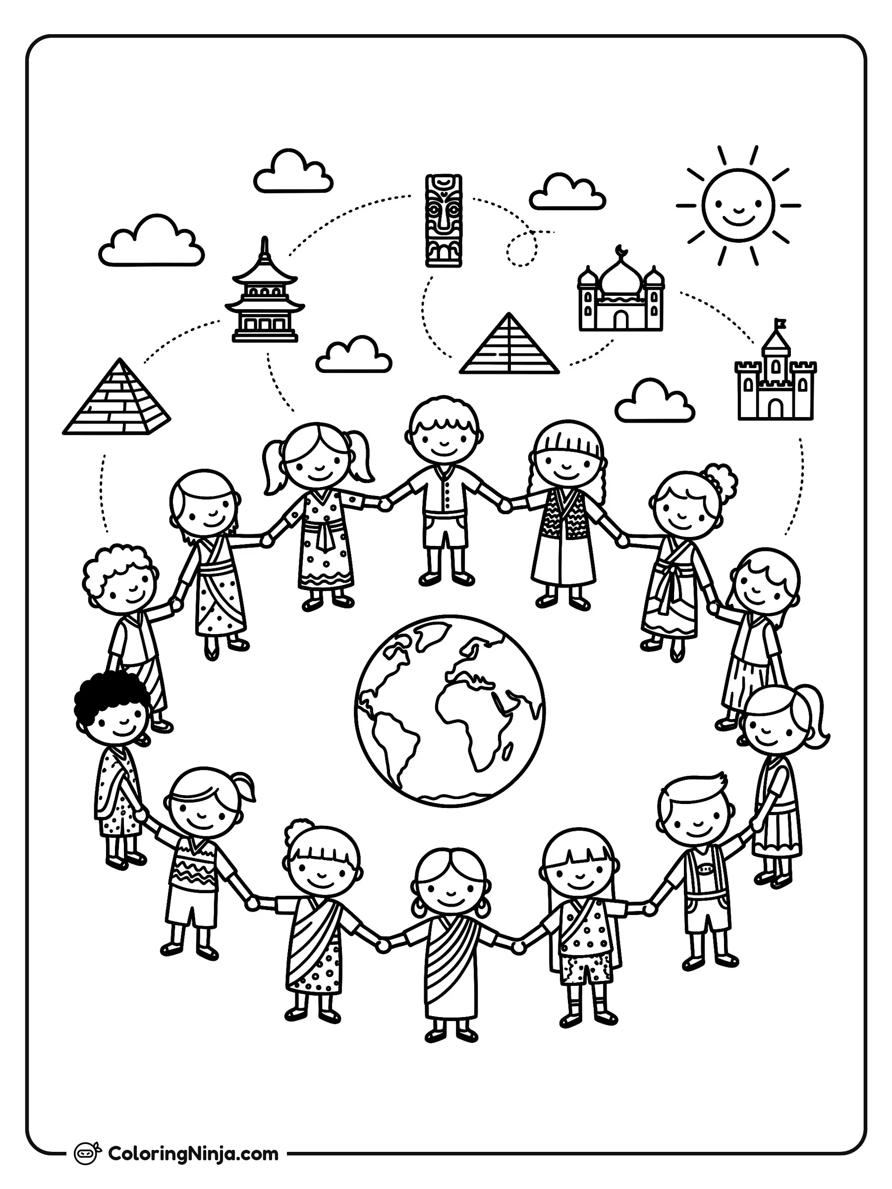 Niños del mundo tomados de la mano, dibujo para colorear: Un grupo de niños sonrientes vistiendo trajes tradicionales forman un círculo alrededor del planeta Tierra.