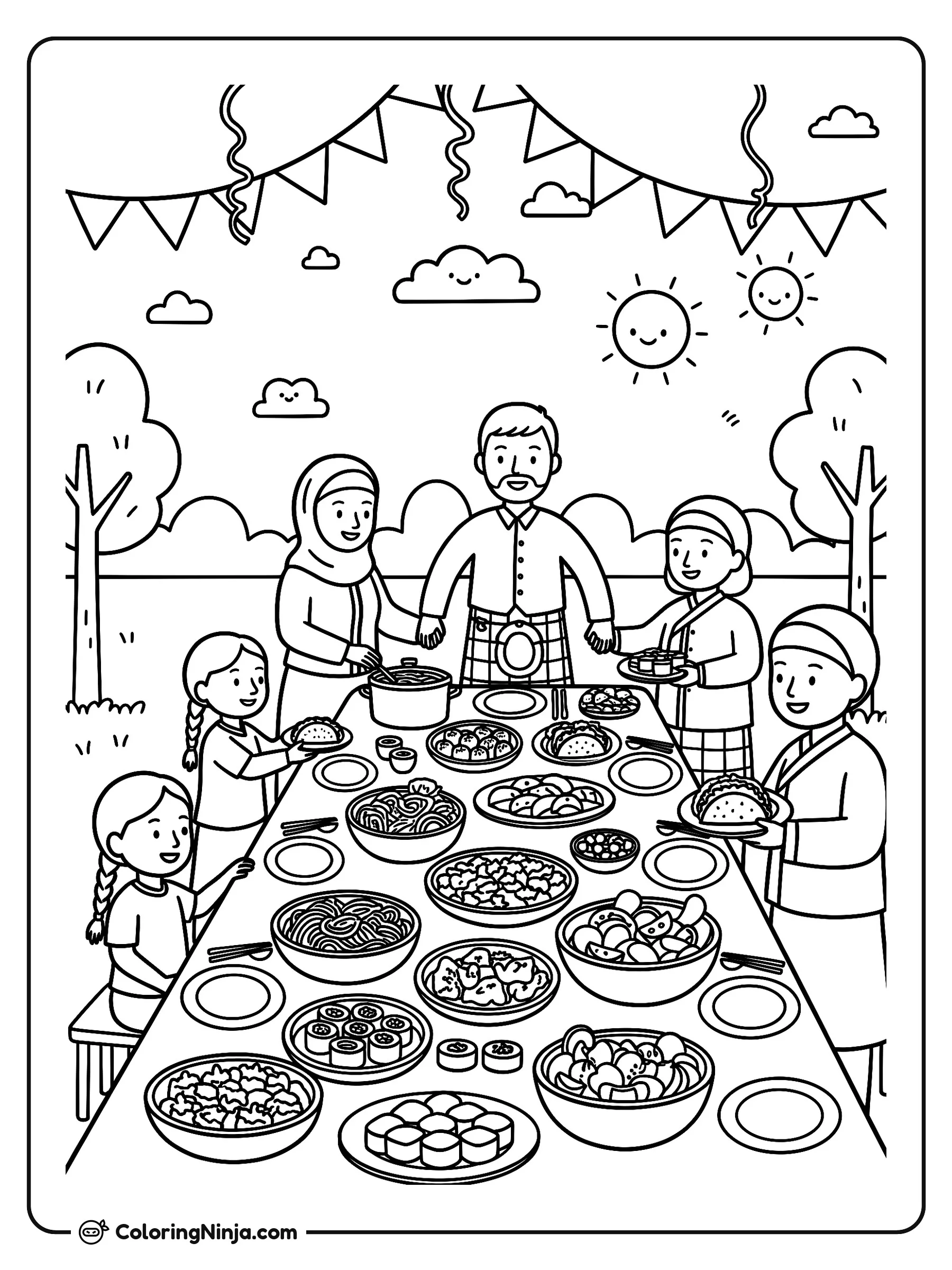 Familias diversas unidas en la mesa, dibujo para colorear: Familias de distintas culturas se reúnen alrededor de una larga mesa al aire libre repleta de deliciosa comida como sushi, tacos y fideos.