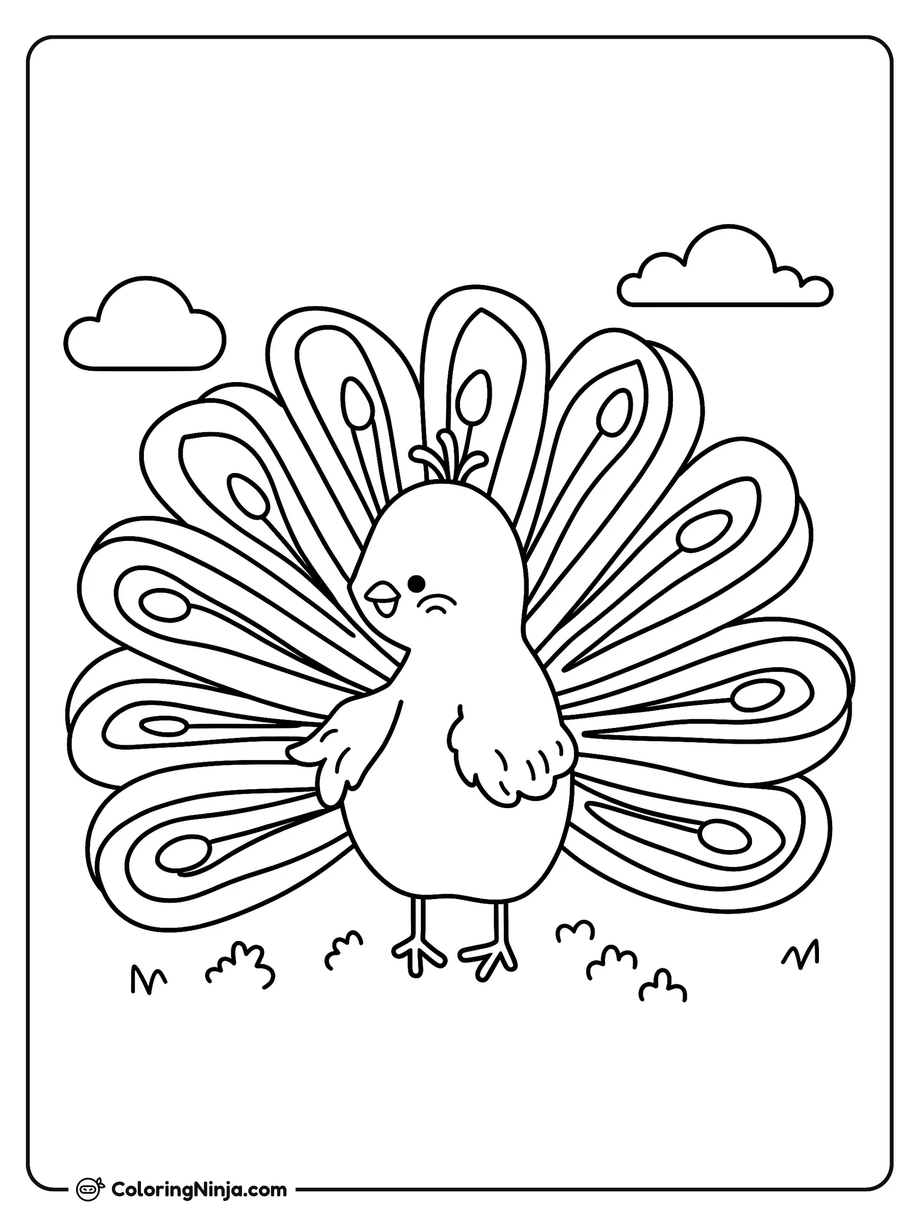 Un pavo real explorando Toronto, dibujo para colorear: Un pavo real posa al aire libre luciendo sus grandes plumas de la cola extendidas en abanico.