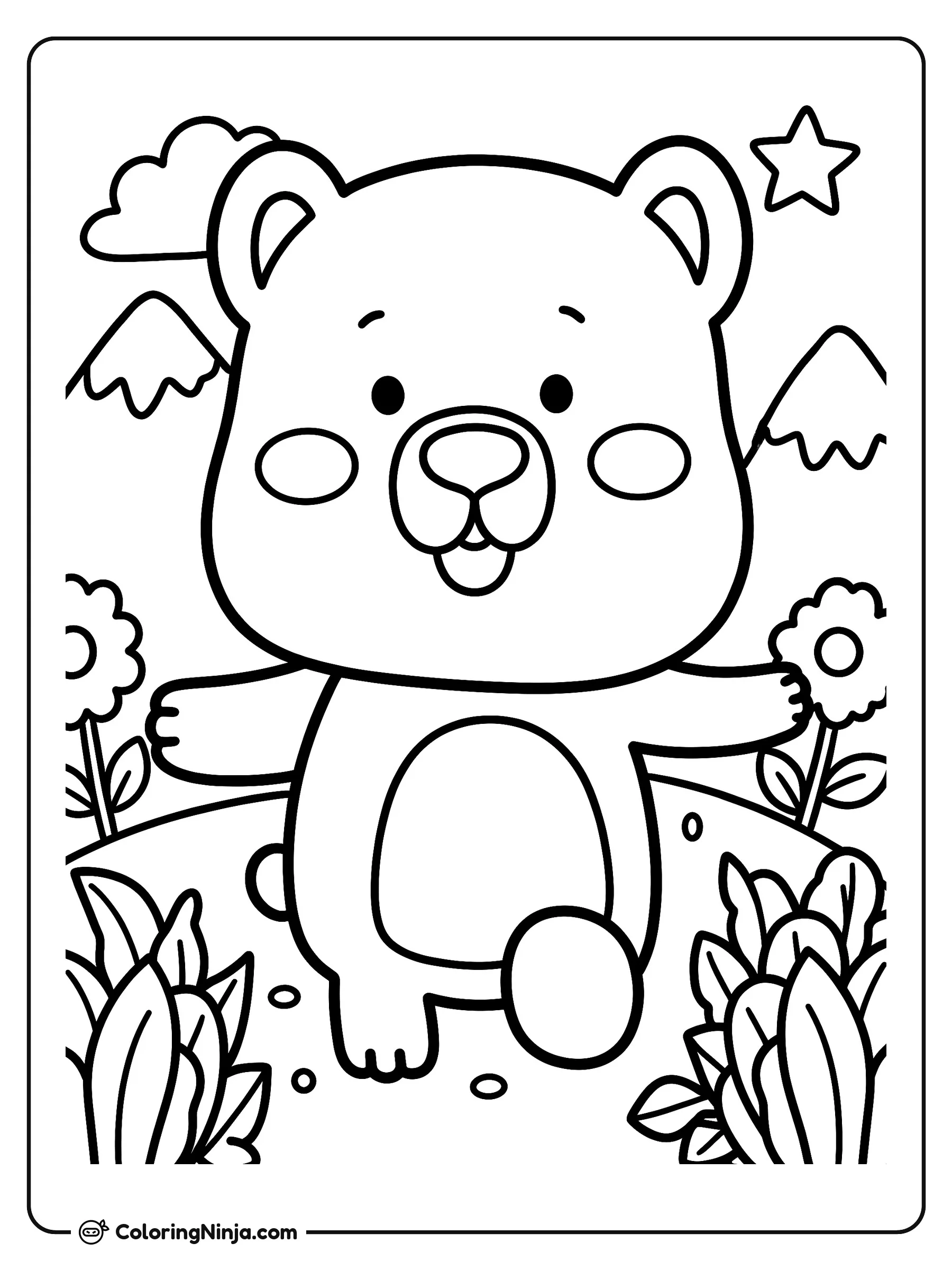 Un oso amigable en la naturaleza, dibujo para colorear: Un simpático oso se encuentra alegremente al aire libre con los brazos abiertos. Está rodeado de grandes plantas, flores altas, montañas y una estrella en el cielo.