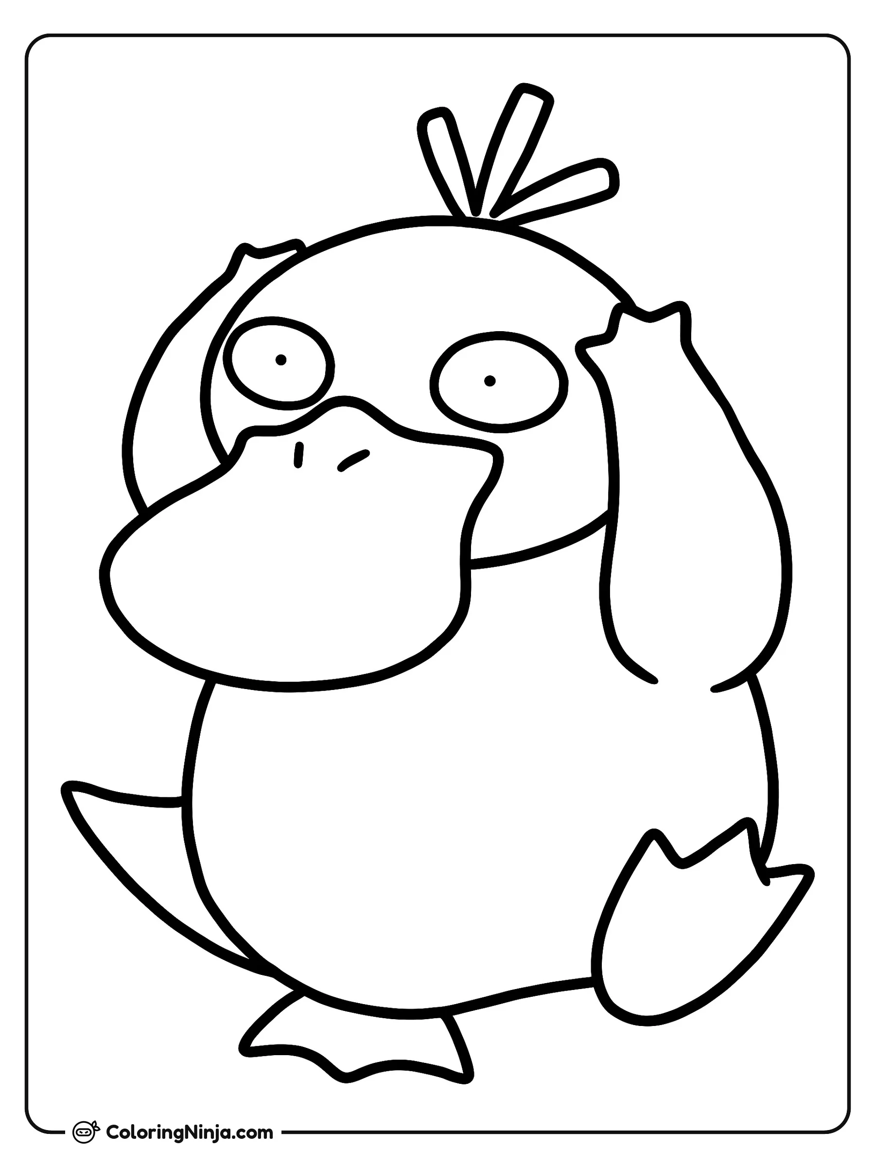 Pokémon Psyduck agarrándose la cabeza confundido, dibujo para colorear: Un divertido Pokémon con aspecto de pato está sentado mientras sostiene su cabeza con expresión de confusión.