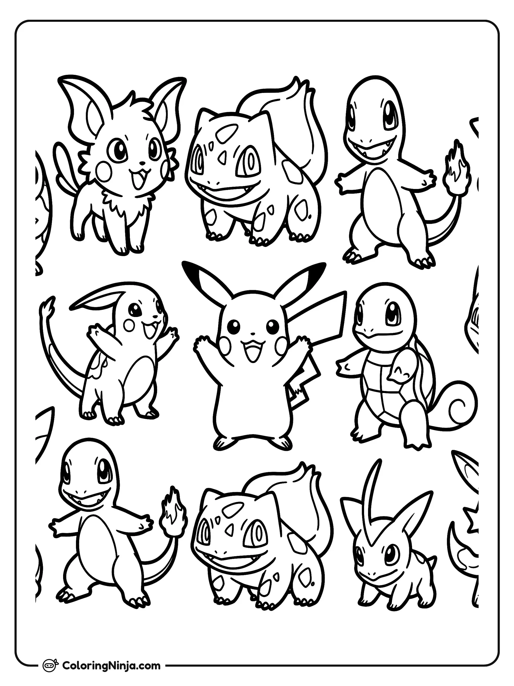 Patrón de cuadrícula de personajes Pokémon, dibujo para colorear: Un patrón en cuadrícula muestra a varios pequeños personajes de Pokémon en posturas muy alegres.