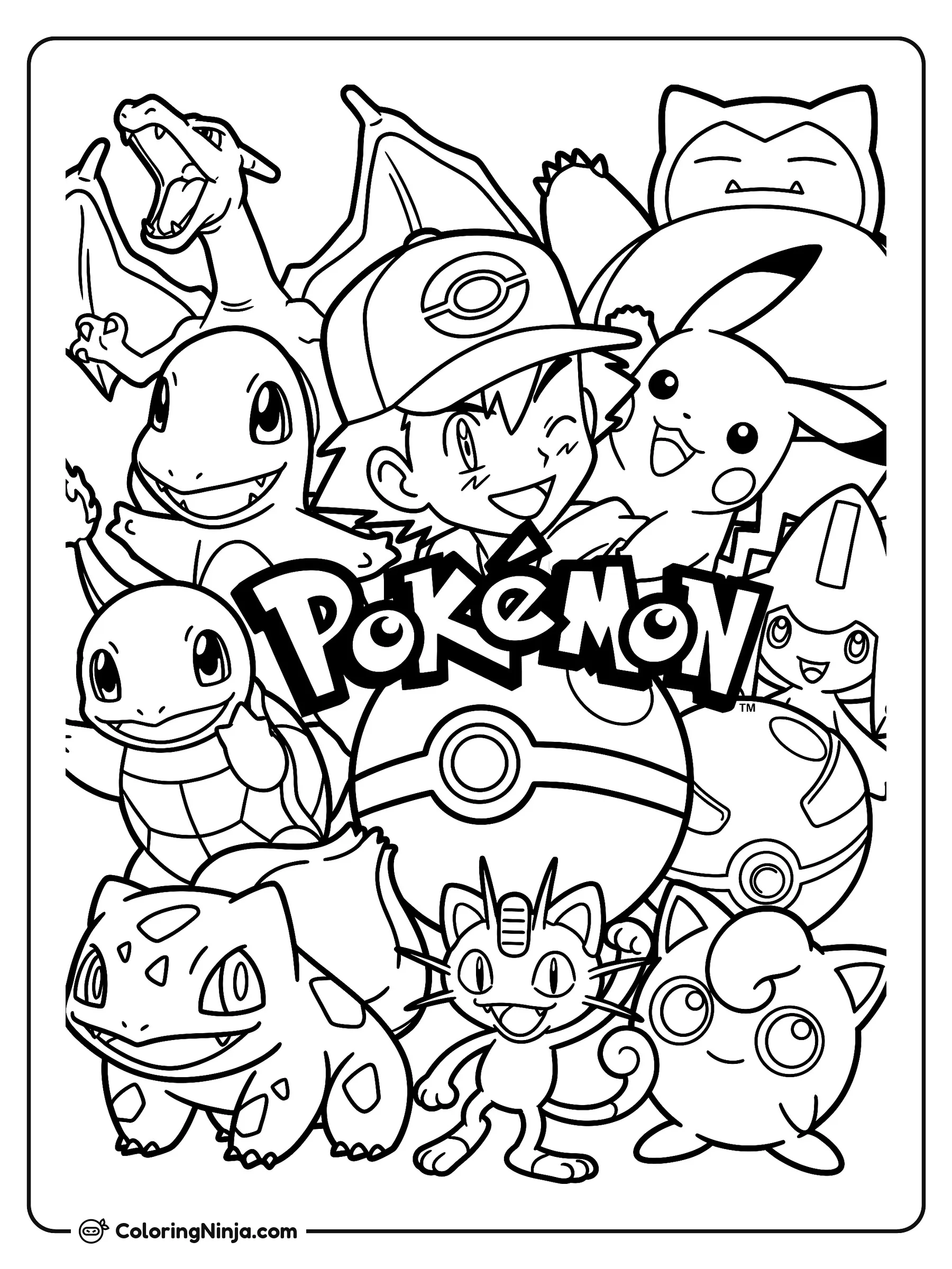 Collage de Pokémon con Logo, dibujo para colorear: Un alegre collage del grupo de Pokémon muestra a un joven entrenador rodeado de personajes populares como Pikachu, Bulbasaur, Charmander, Squirtle, Meowth y Jigglypuff.