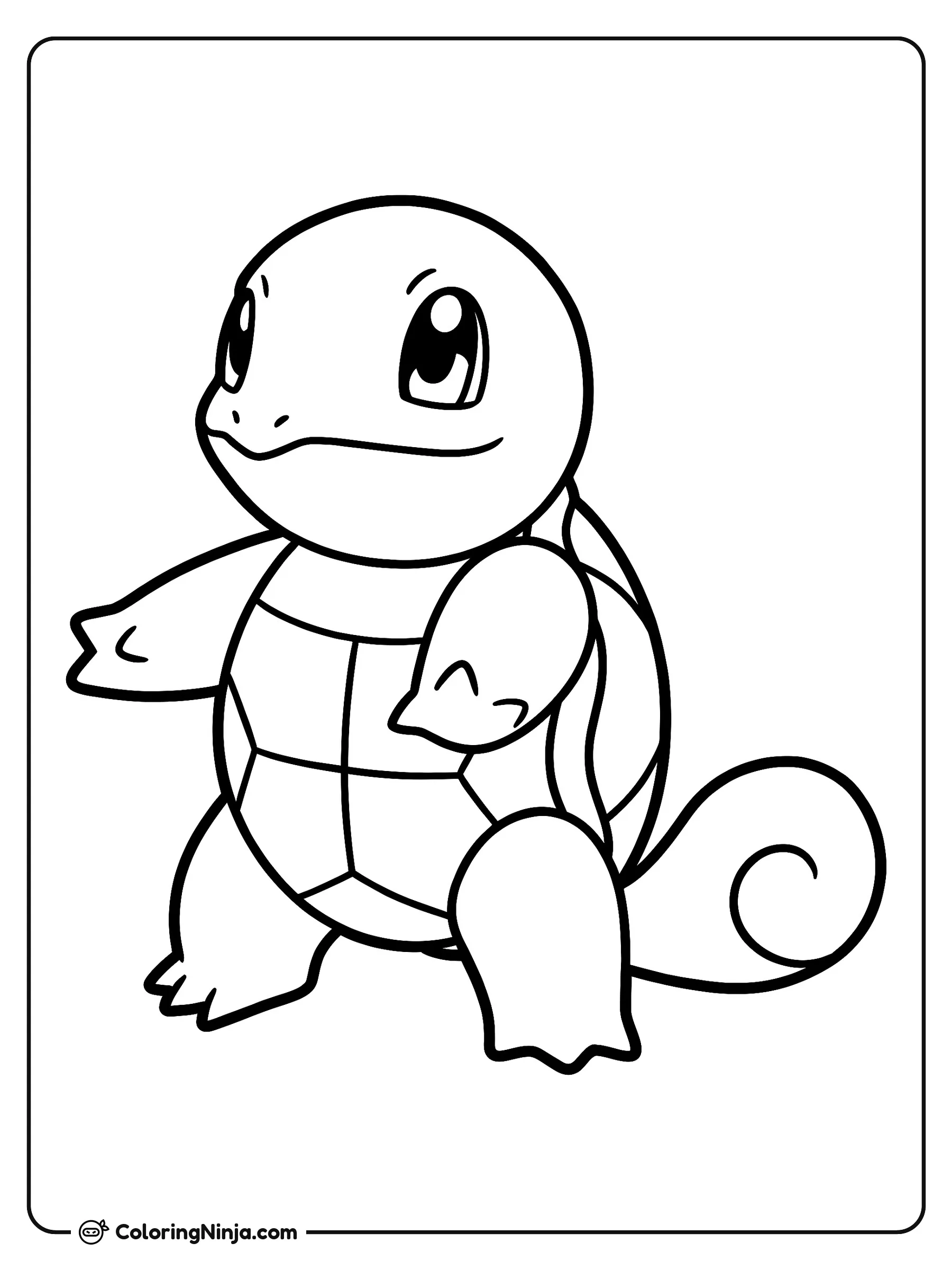 Squirtle el personaje de Pokémon, dibujo para colorear: Squirtle posa alegremente sobre sus dos patas con los brazos abiertos y mostrando su gran cola enroscada.