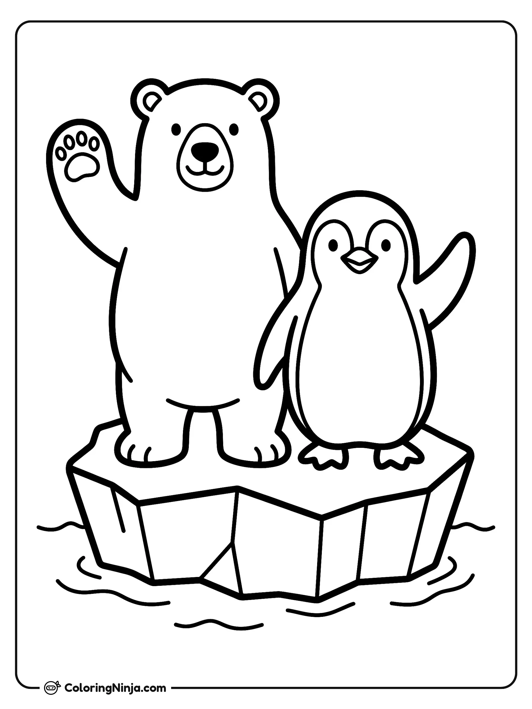Encuentro entre el Ártico y la Antártida, dibujo para colorear: Un sonriente oso polar se encuentra junto a un pequeño pingüino sobre un témpano de hielo que flota en el agua.