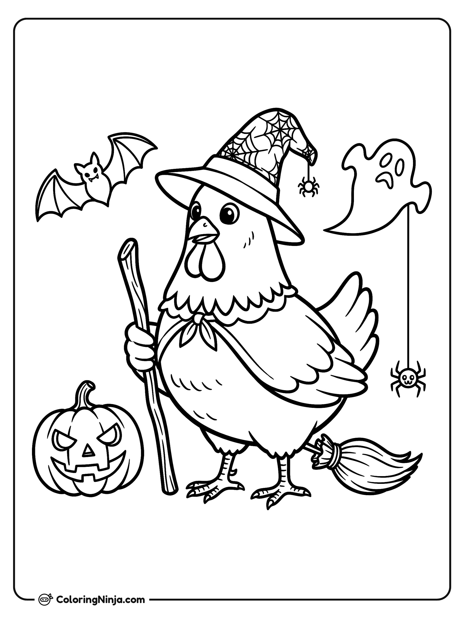Gallina vestida de bruja para Halloween: dibujo para colorear