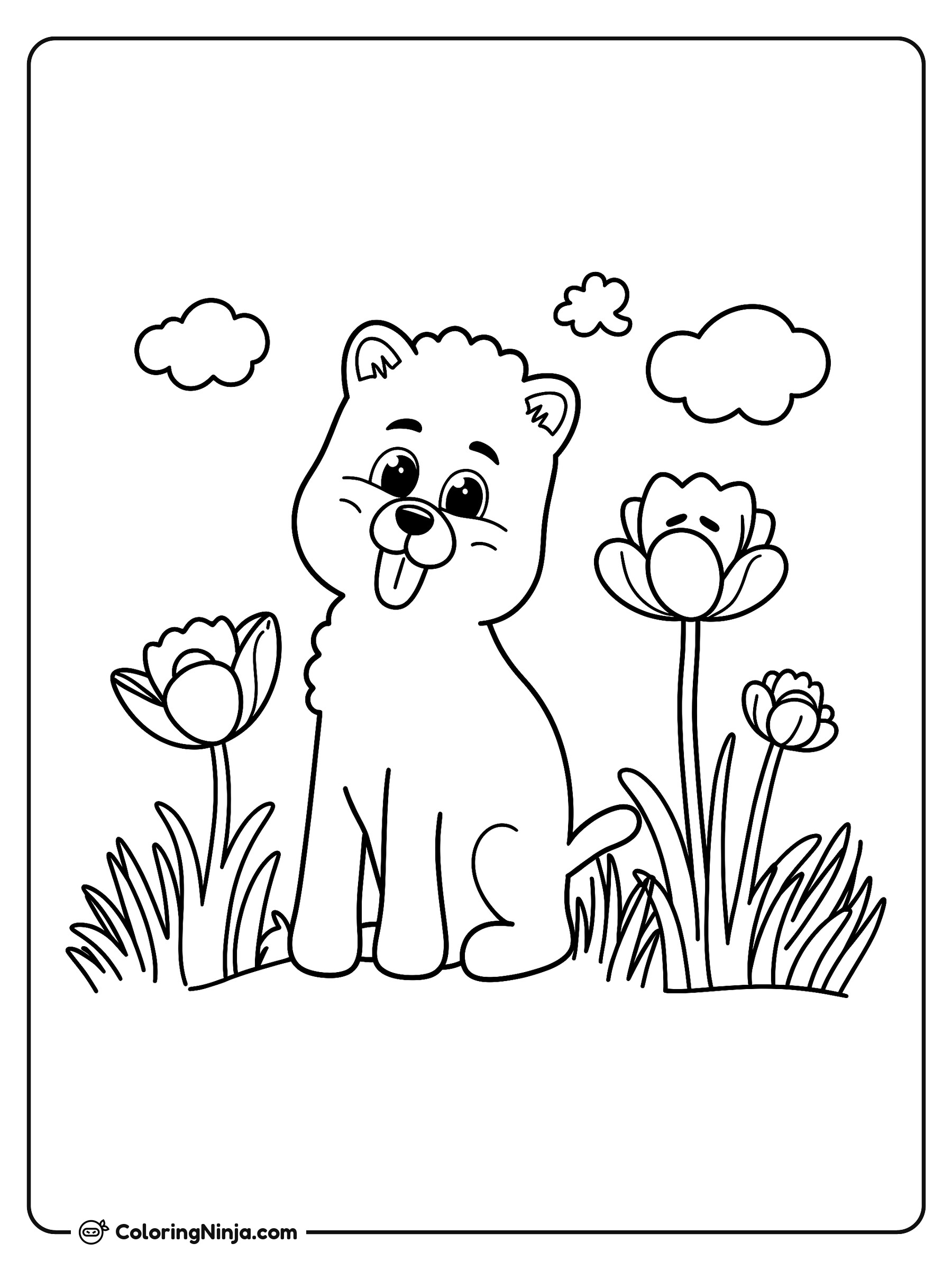 Lindo perrito en un jardín de flores: dibujo para colorear